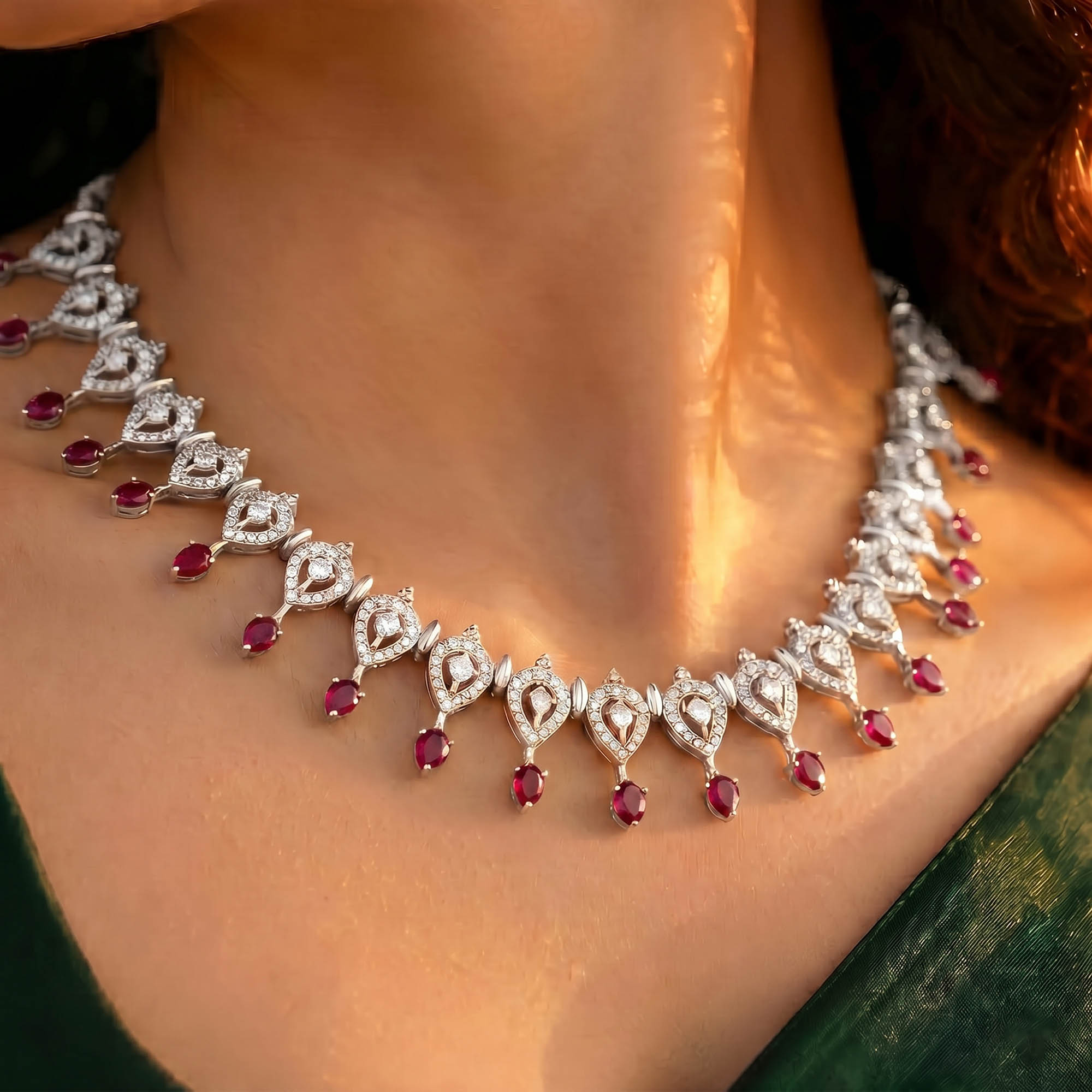 Lab-Grown Diamond and Ruby Necklace and Earring Set in 18K White Gold – 4.15 Ct Diamonds thumbnail