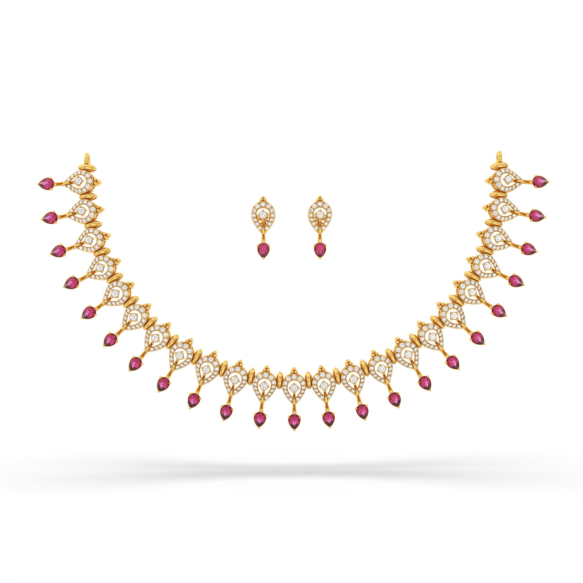 Lab-Grown Diamond and Ruby Necklace and Earring Set in 22K Yellow Gold – 4.15 Ct Diamonds thumbnail