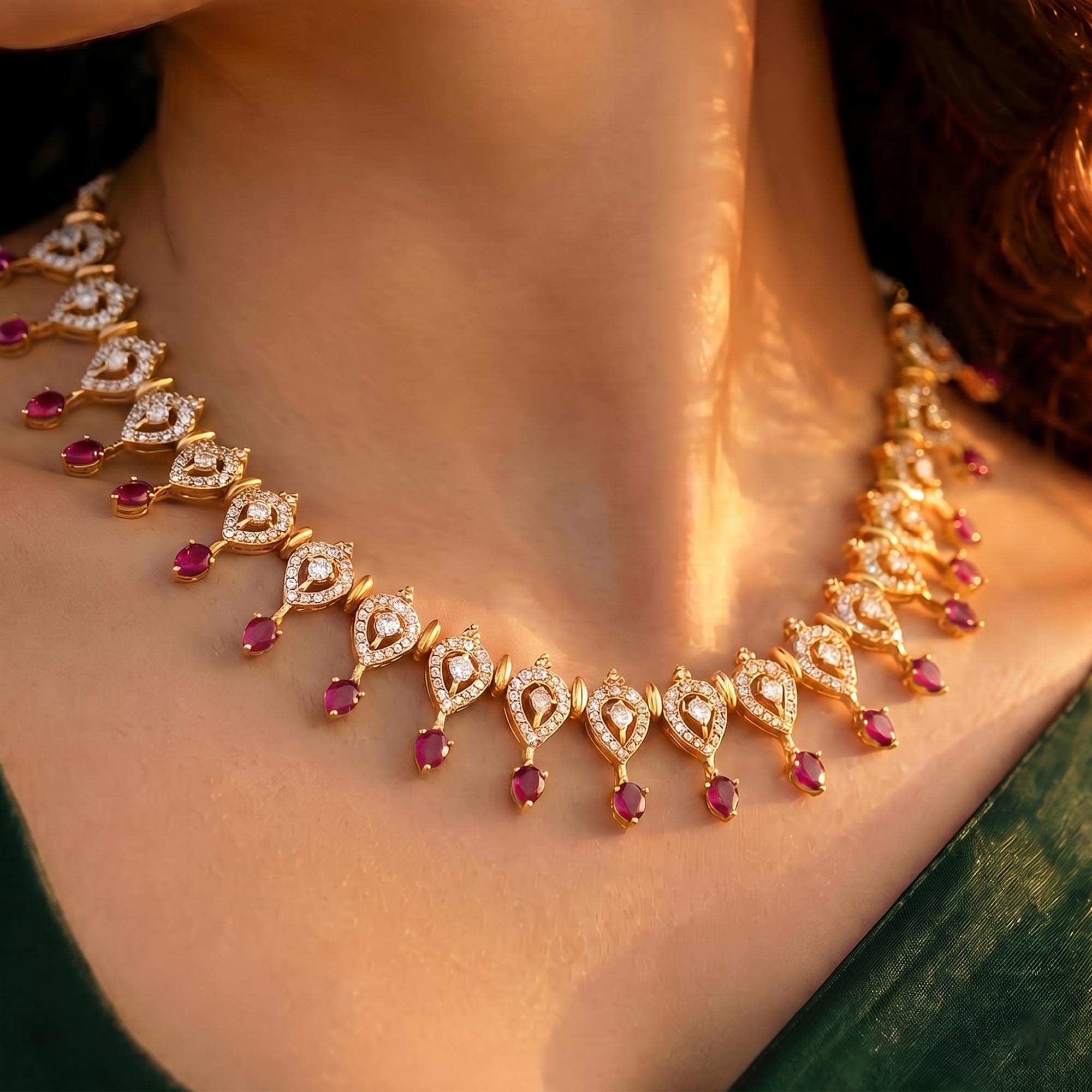 Lab-Grown Diamond and Ruby Necklace and Earring Set in 22K Yellow Gold – 4.15 Ct Diamonds thumbnail