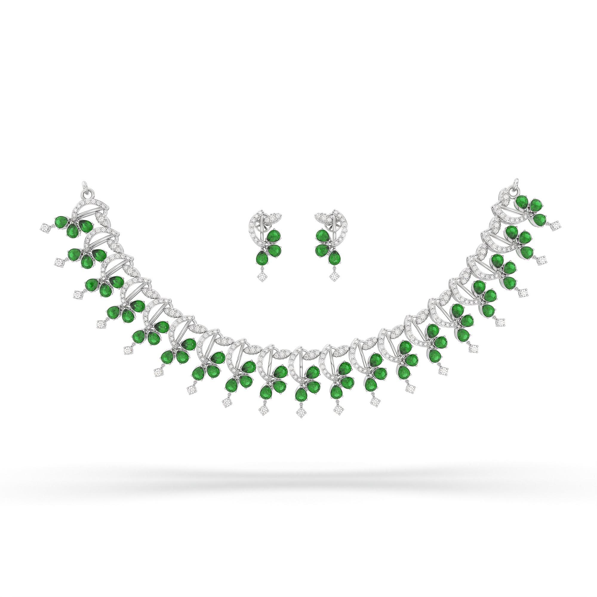 Lab-Grown Diamond and Emerald Necklace and Earring Set in 18K White Gold – 3.15 Ct Diamonds thumbnail