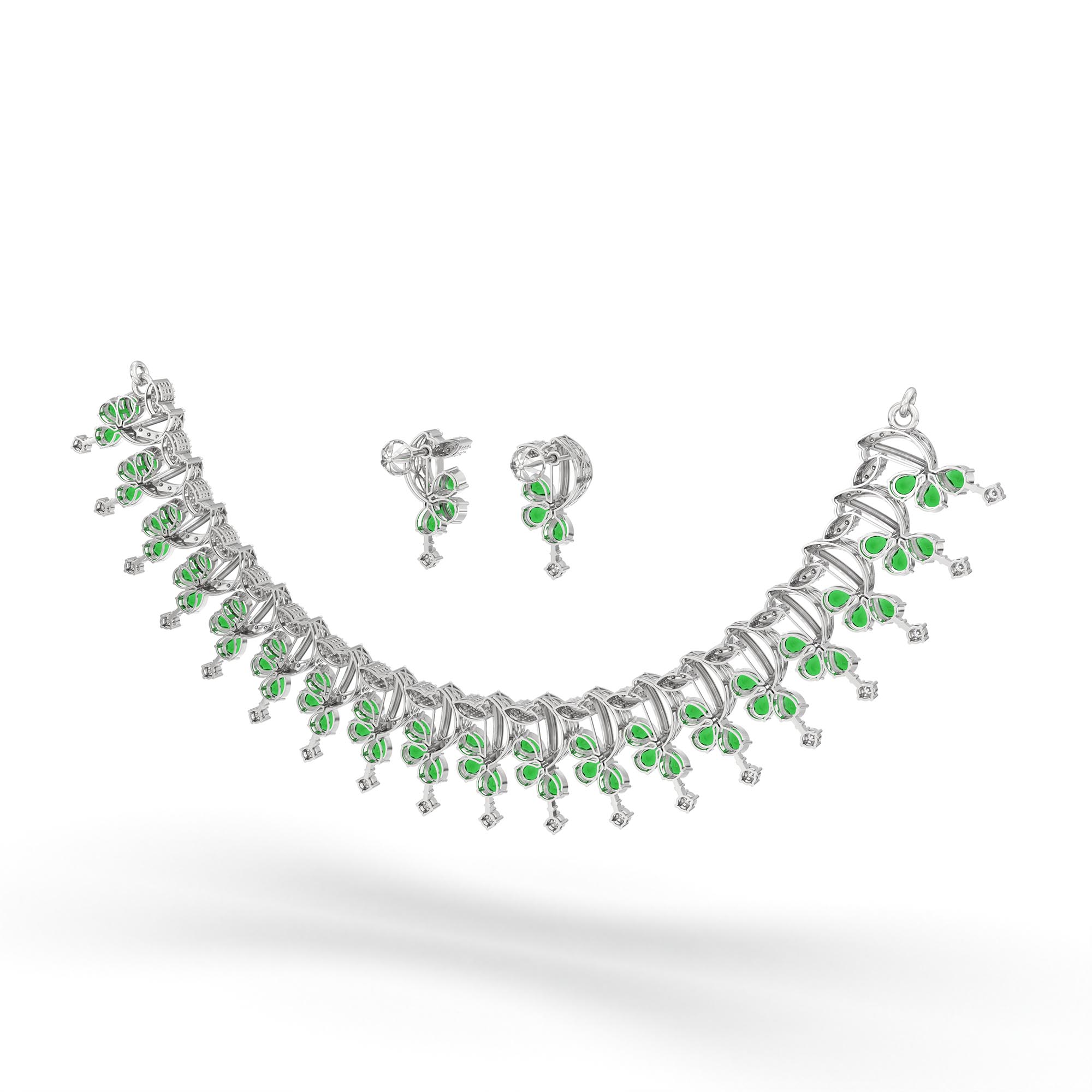 Lab-Grown Diamond and Emerald Necklace and Earring Set in 18K White Gold – 3.15 Ct Diamonds thumbnail