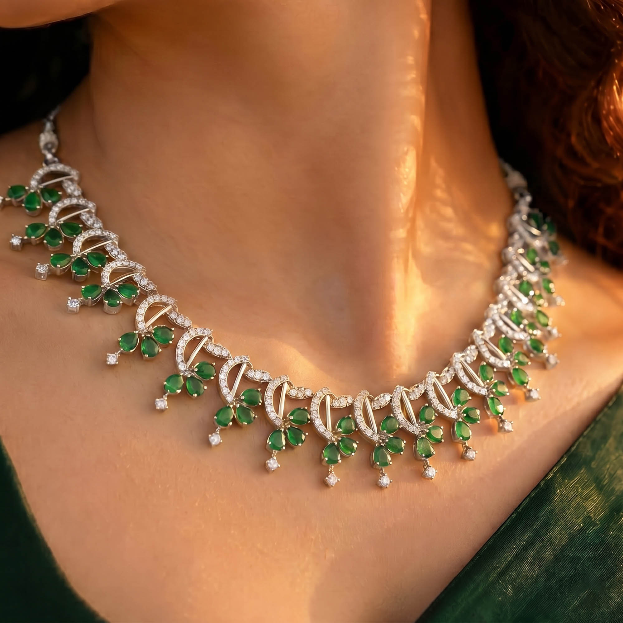 Lab-Grown Diamond and Emerald Necklace and Earring Set in 18K White Gold – 3.15 Ct Diamonds thumbnail
