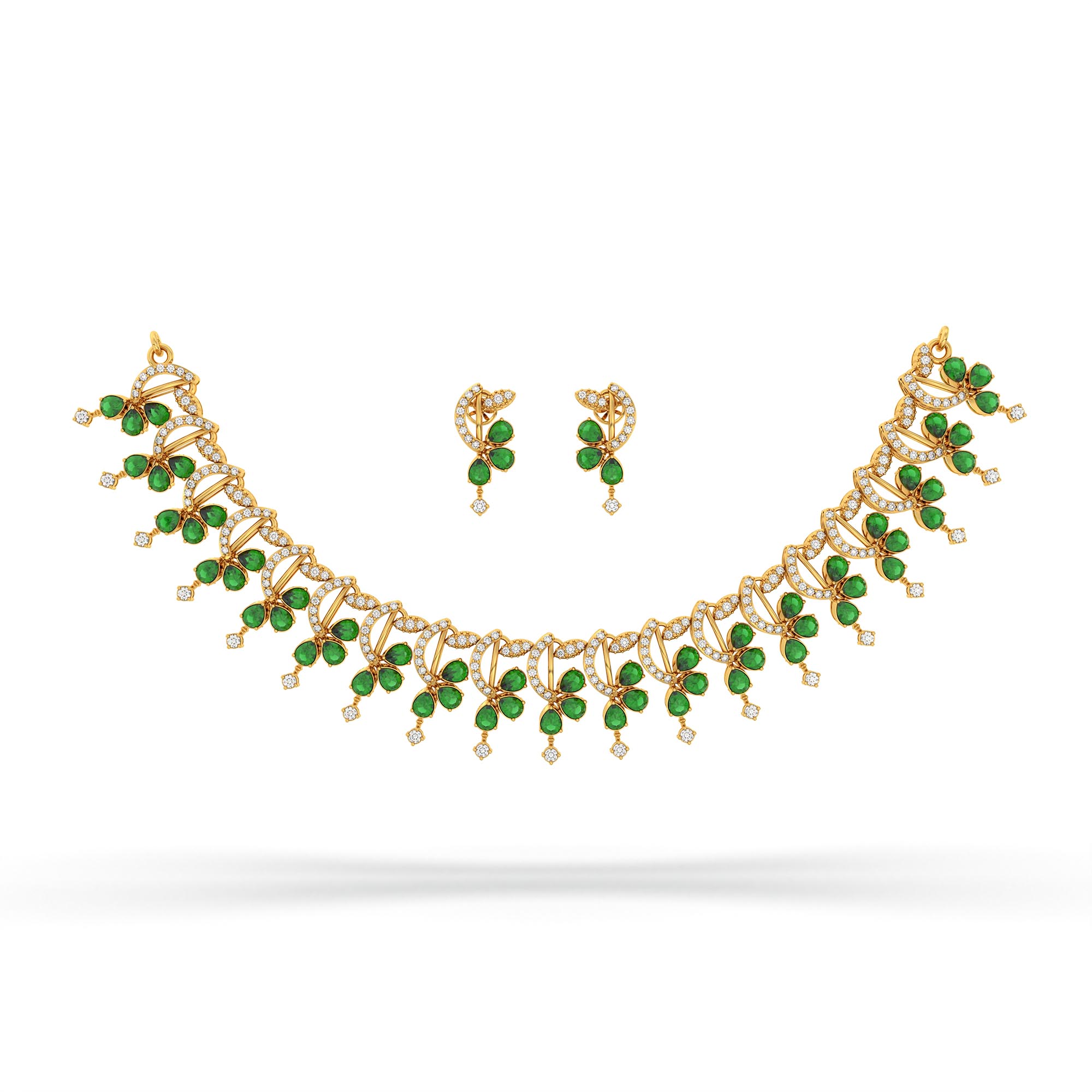 Lab-Grown Diamond and Emerald Necklace and Earring Set in 22K Yellow Gold – 3.15 Ct Diamonds thumbnail