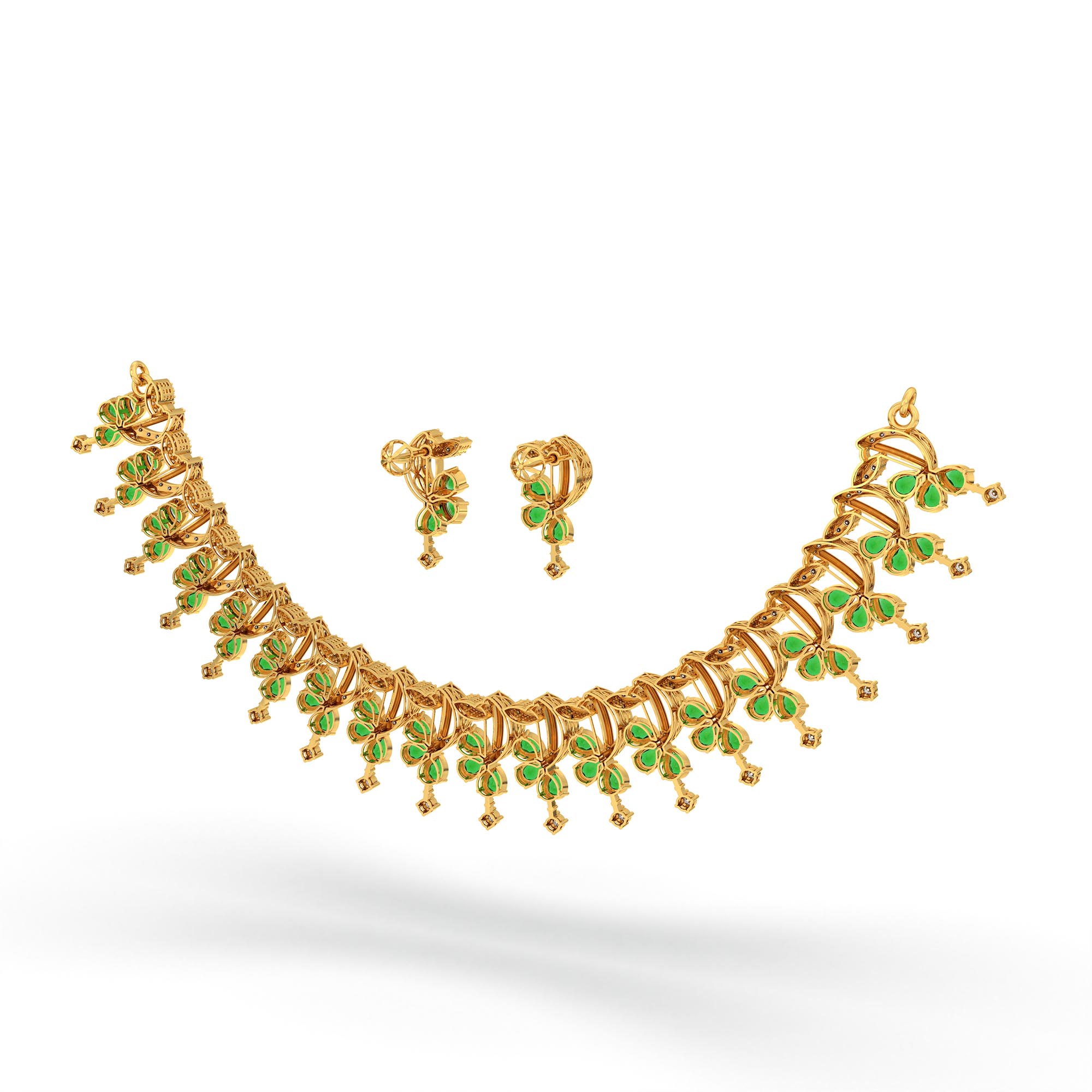 Lab-Grown Diamond and Emerald Necklace and Earring Set in 22K Yellow Gold – 3.15 Ct Diamonds thumbnail
