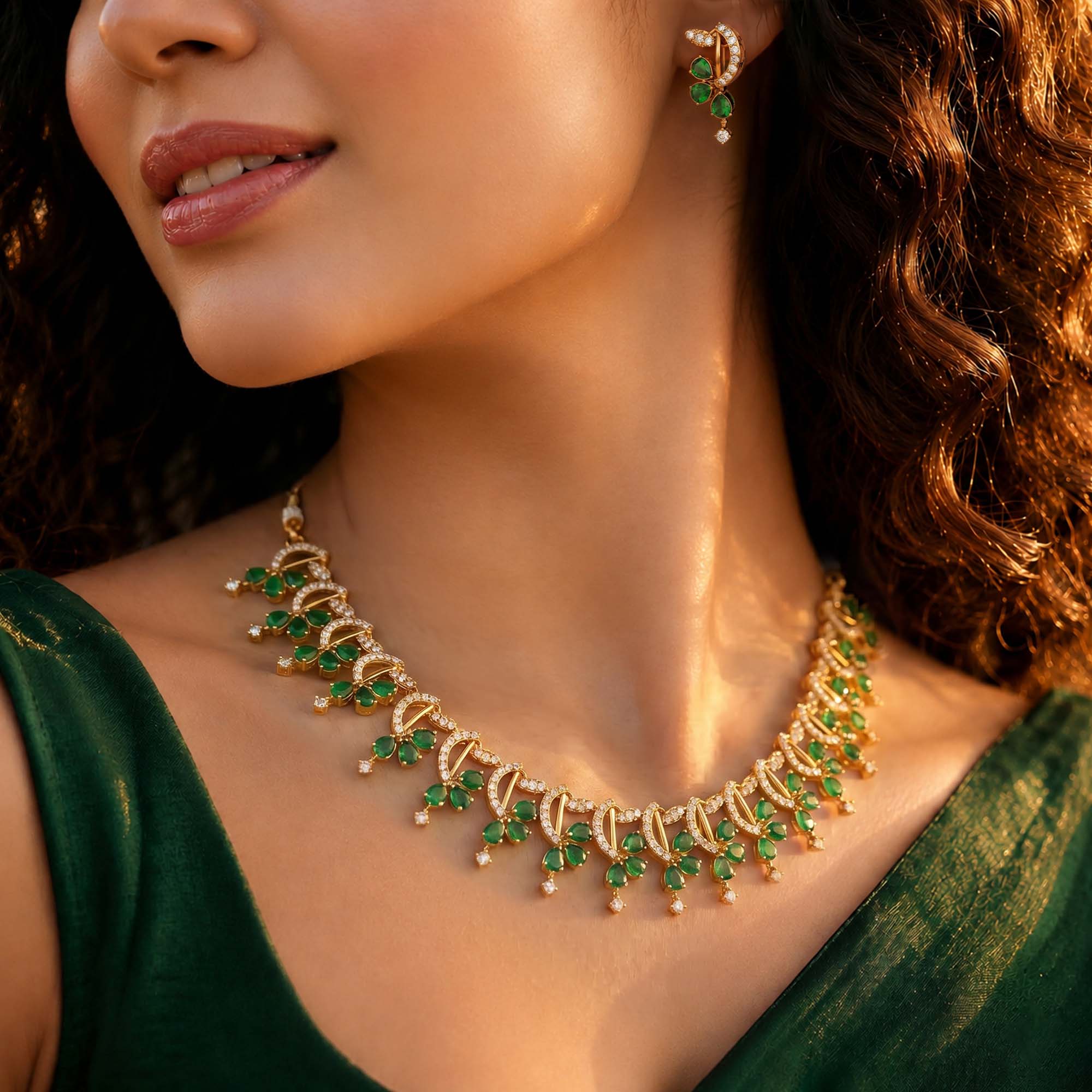 Lab-Grown Diamond and Emerald Necklace and Earring Set in 22K Yellow Gold – 3.15 Ct Diamonds thumbnail