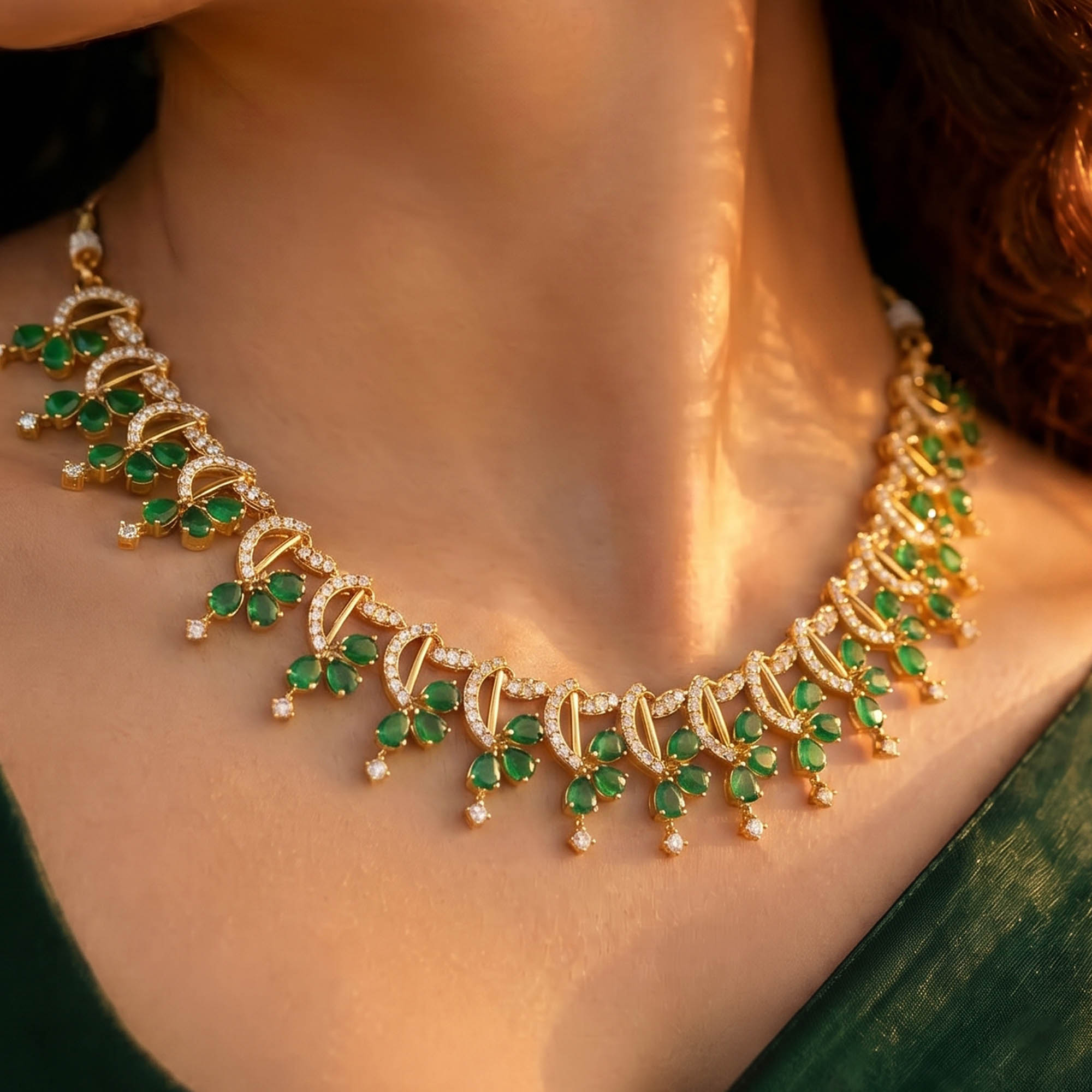 Lab-Grown Diamond and Emerald Necklace and Earring Set in 22K Yellow Gold – 3.15 Ct Diamonds thumbnail