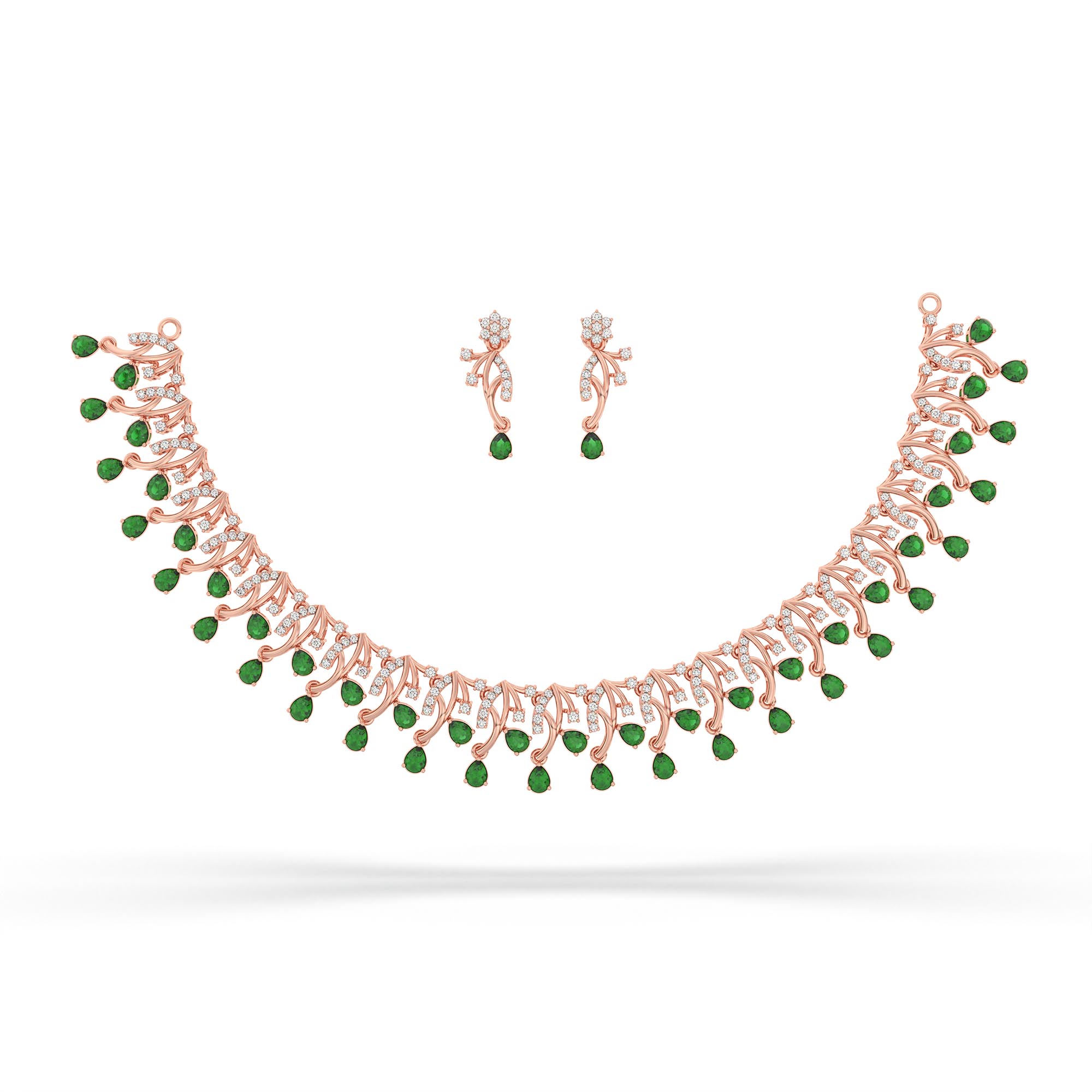 Lab-Grown Diamond and Emerald Necklace and Earring Set in 18K Rose Gold – 2.31 Ct Diamonds thumbnail