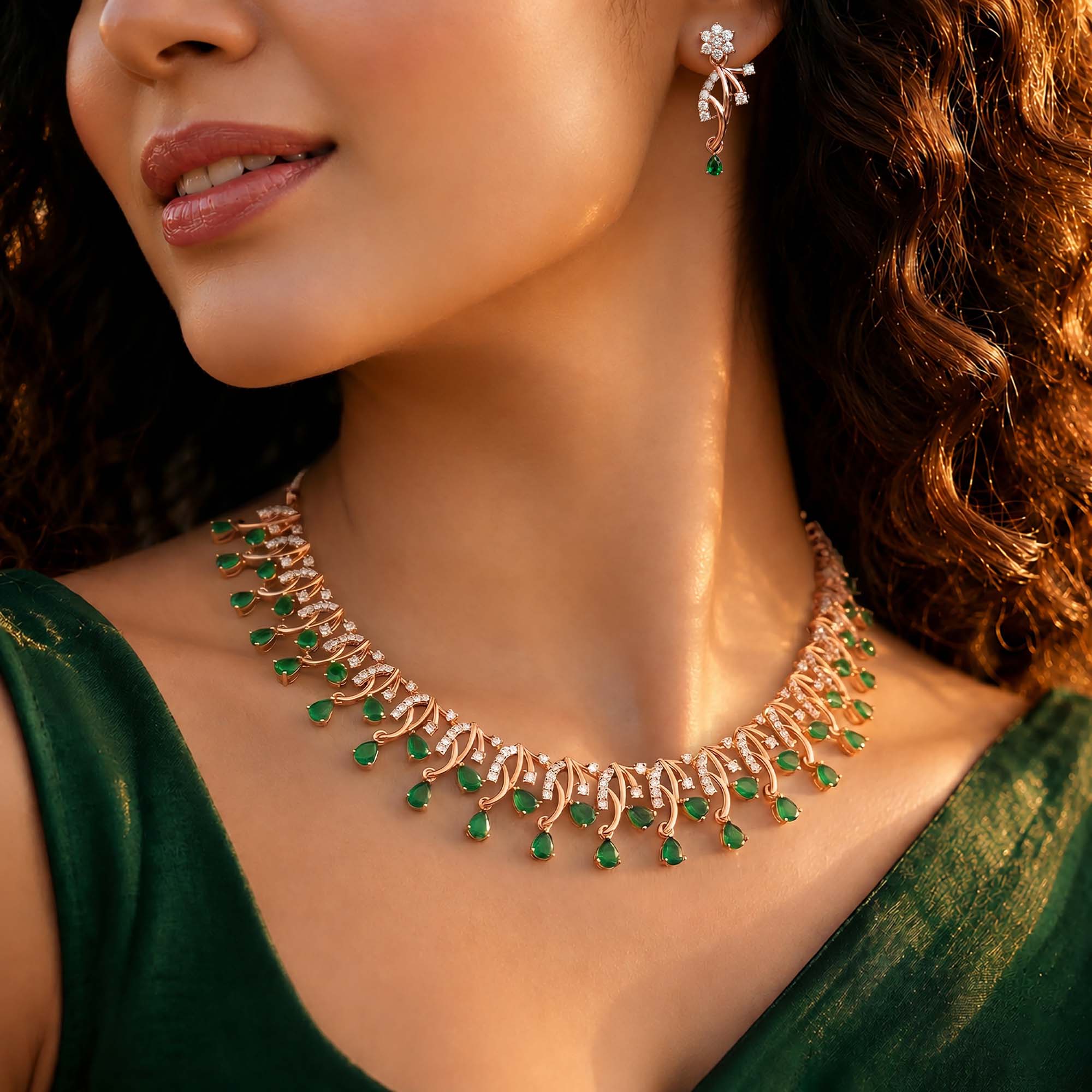 Lab-Grown Diamond and Emerald Necklace and Earring Set in 18K Rose Gold – 2.31 Ct Diamonds thumbnail