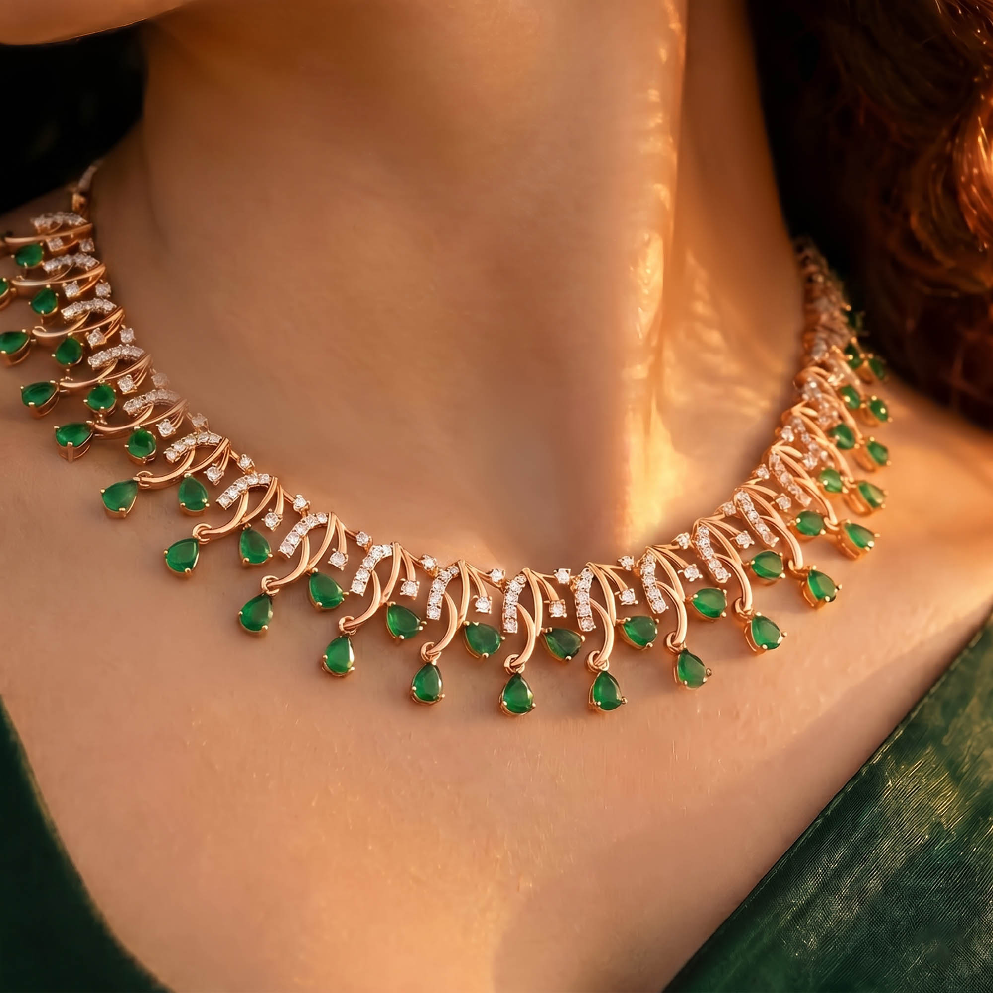 Lab-Grown Diamond and Emerald Necklace and Earring Set in 18K Rose Gold – 2.31 Ct Diamonds thumbnail