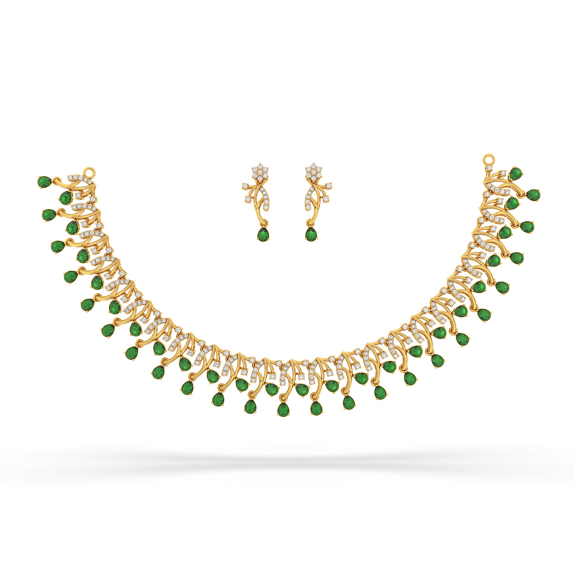 Lab-Grown Diamond and Emerald Necklace and Earring Set in 22K Yellow Gold – 2.31 Ct Diamonds thumbnail