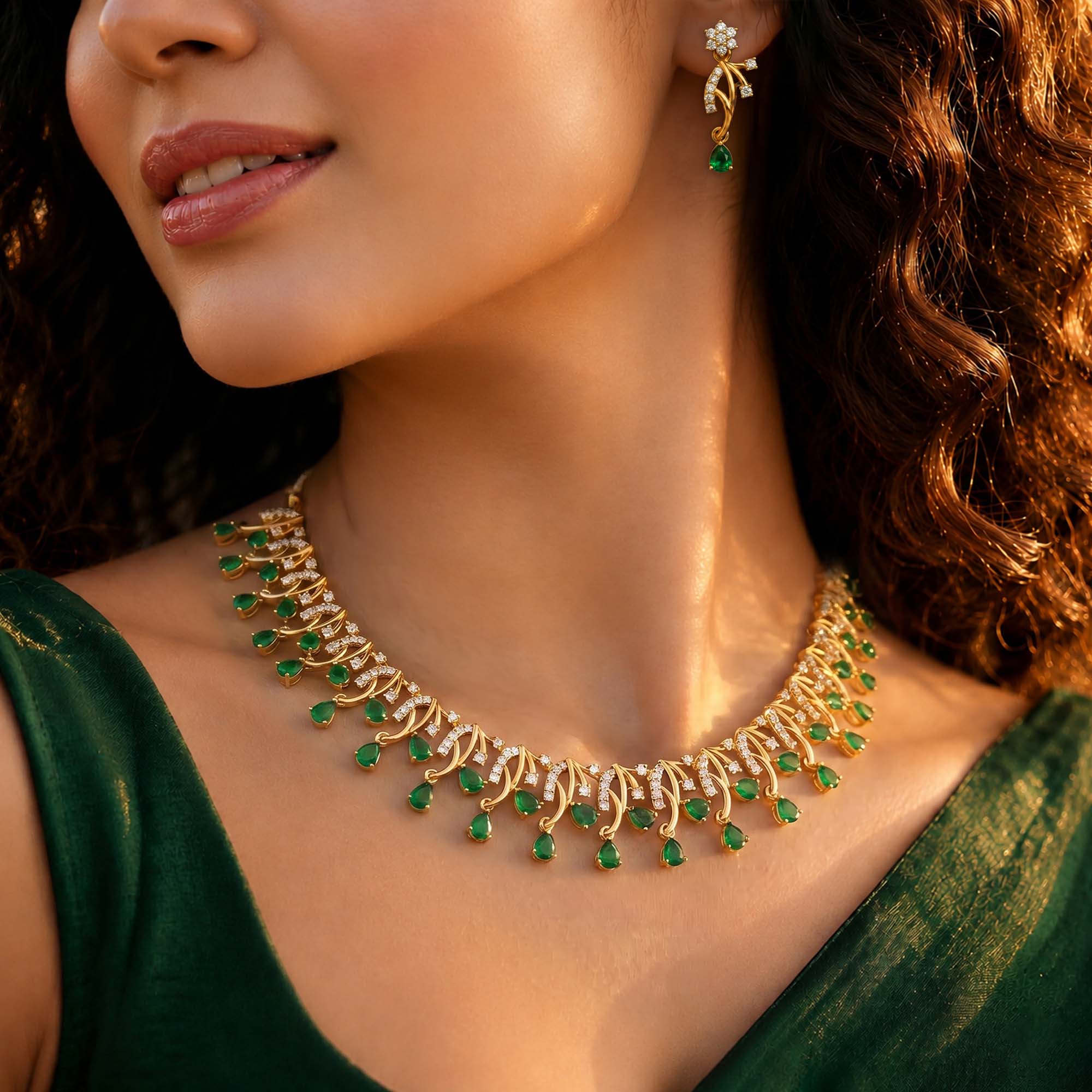Lab-Grown Diamond and Emerald Necklace and Earring Set in 22K Yellow Gold – 2.31 Ct Diamonds thumbnail