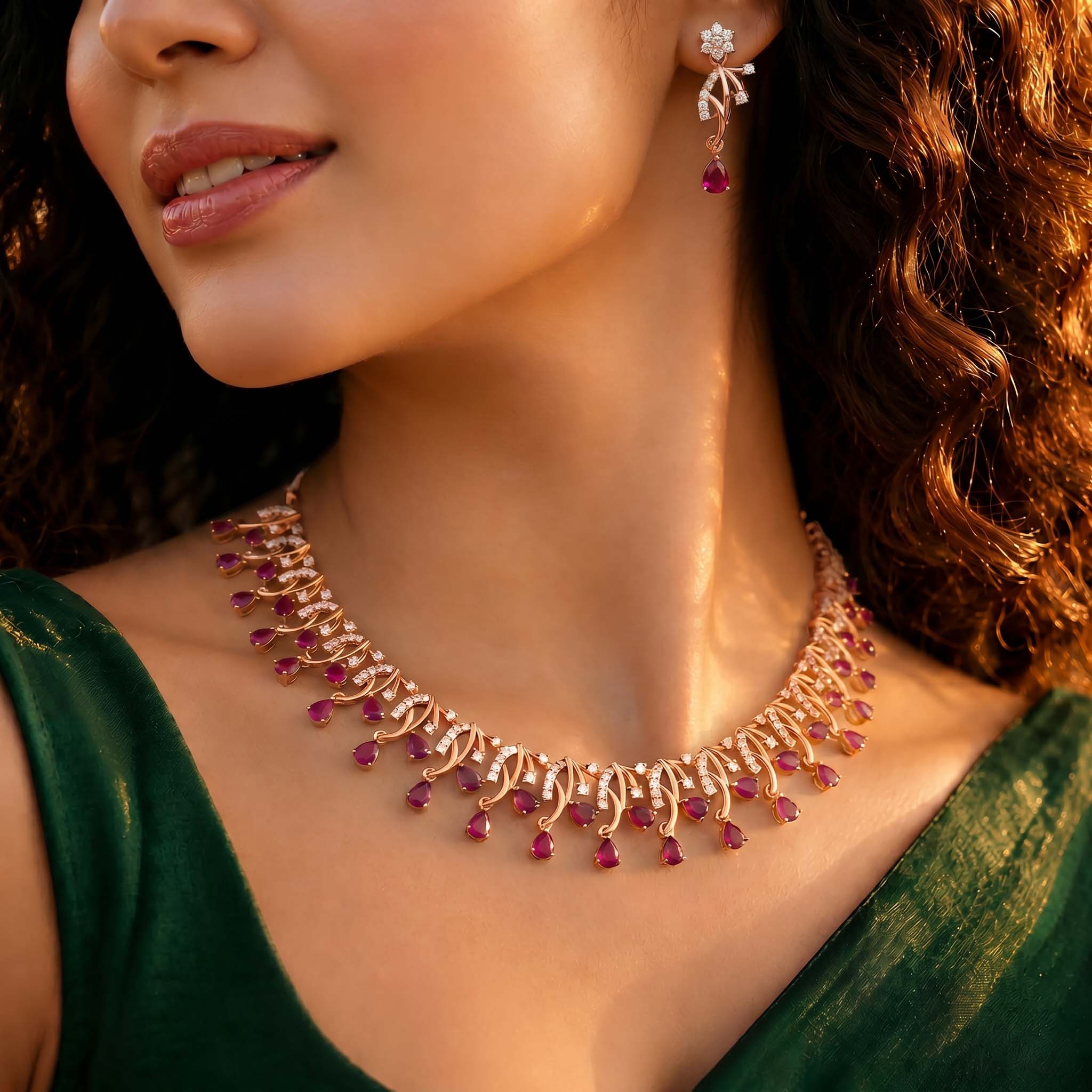 Lab-Grown Diamond and Ruby Necklace and Earring Set in 18K Rose Gold – 2.31 Ct Diamonds thumbnail