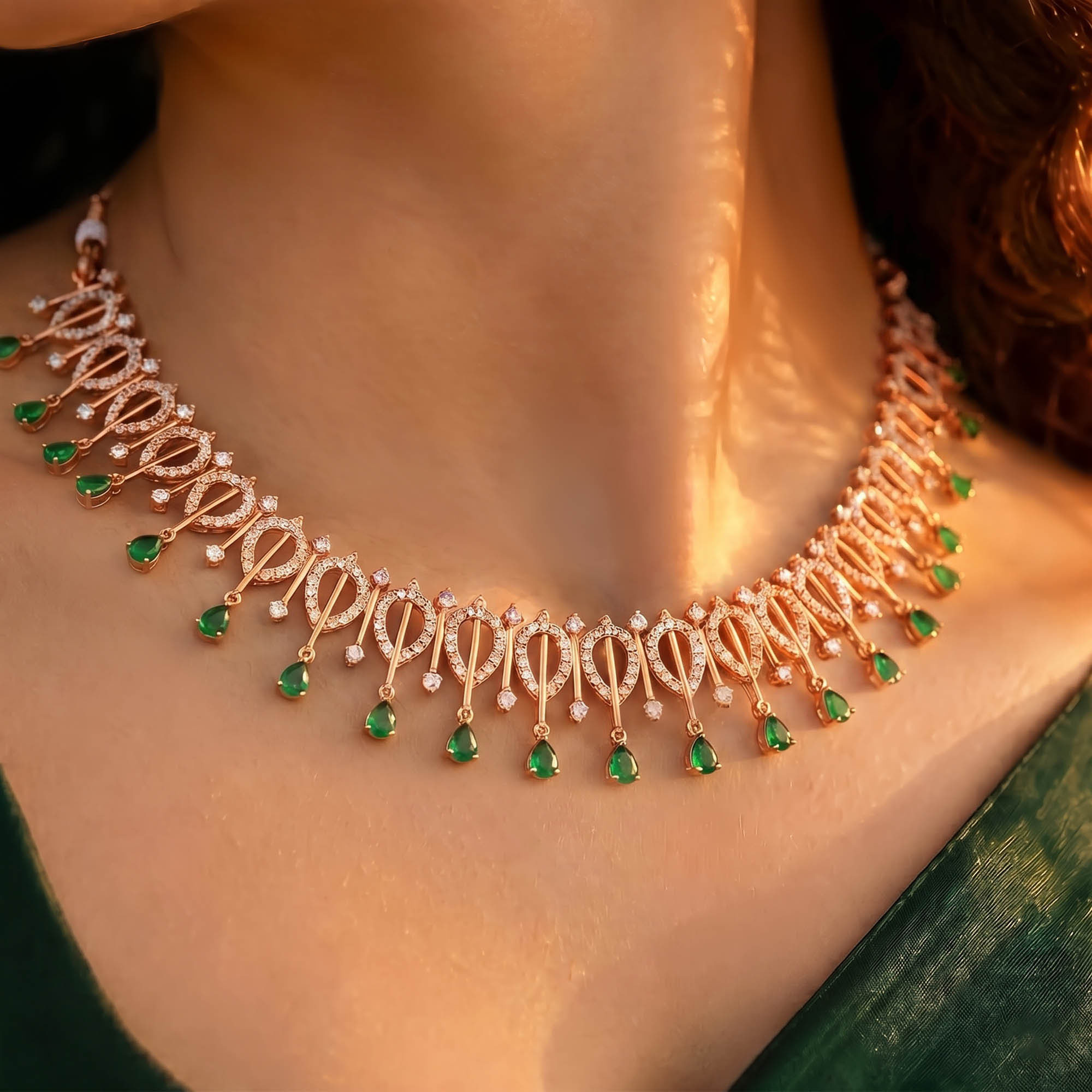 Lab-Grown Diamond and Emerald Necklace and Earring Set in 18K Rose Gold – 4.67 Ct Diamonds thumbnail