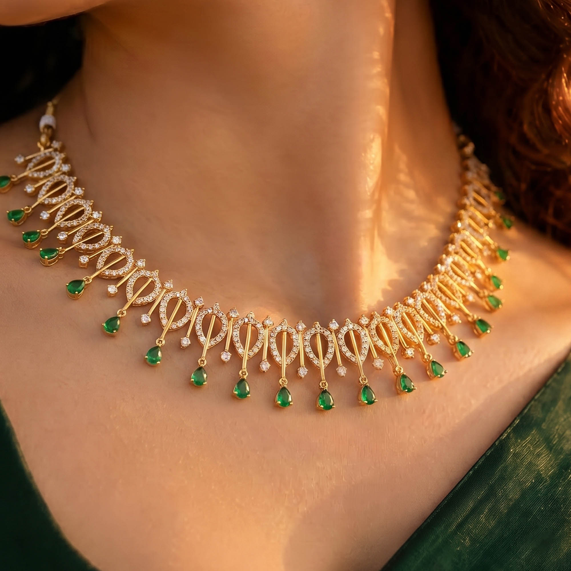 Lab-Grown Diamond and Emerald Necklace and Earring Set in 22K Yellow Gold – 4.67 Ct Diamonds thumbnail