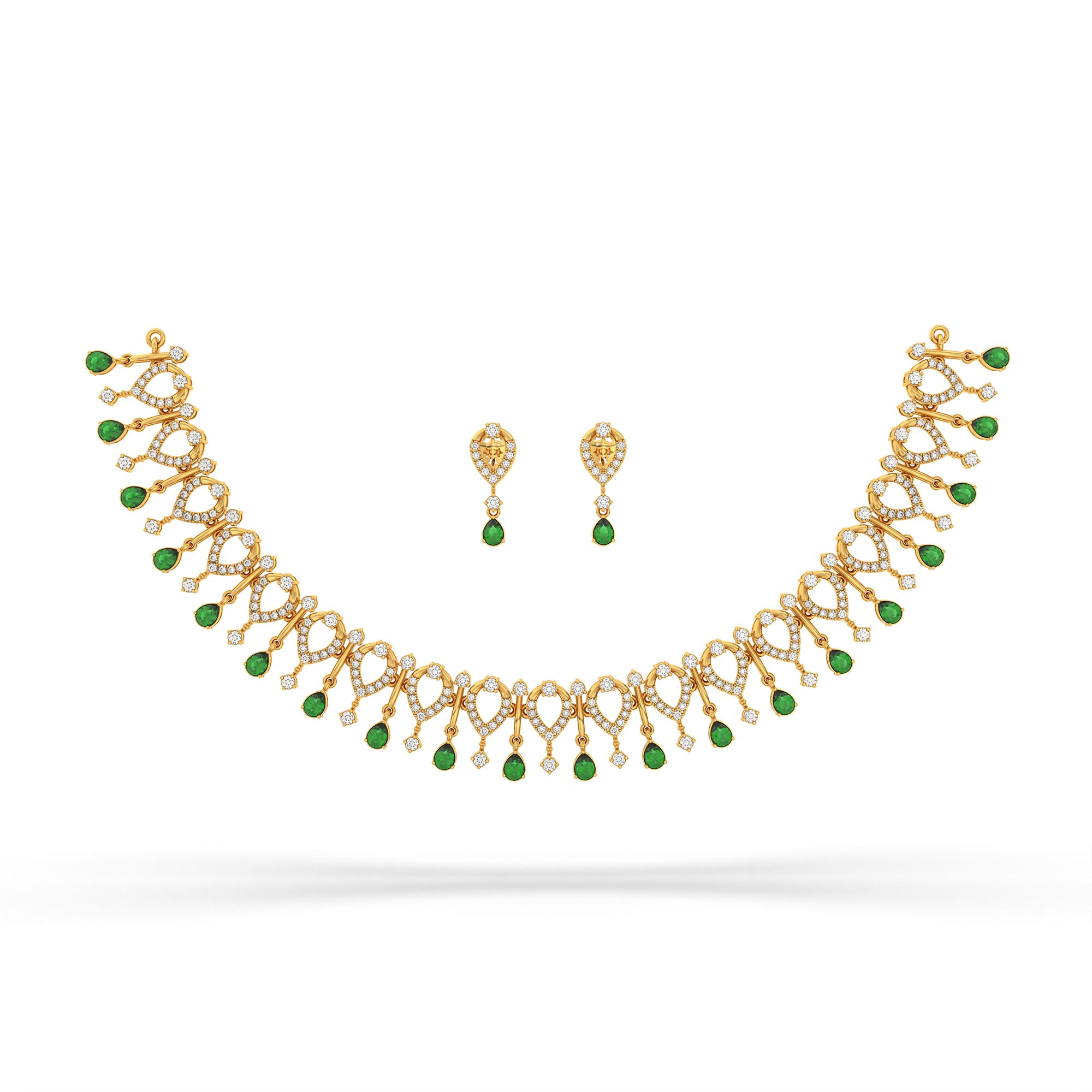 Lab-Grown Diamond and Emerald Necklace and Earring Set in 22K Yellow Gold – 4.21 Ct Diamonds thumbnail