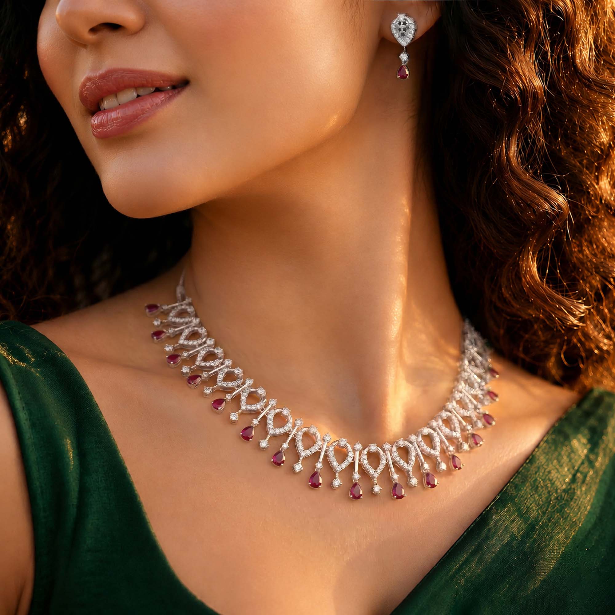Lab-Grown Diamond and Ruby Necklace and Earring Set in 18K White Gold – 4.21 Ct Diamonds thumbnail