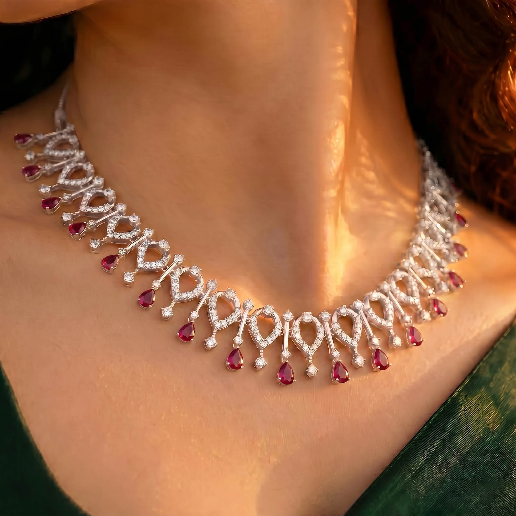 Lab-Grown Diamond and Ruby Necklace and Earring Set in 18K White Gold – 4.21 Ct Diamonds thumbnail