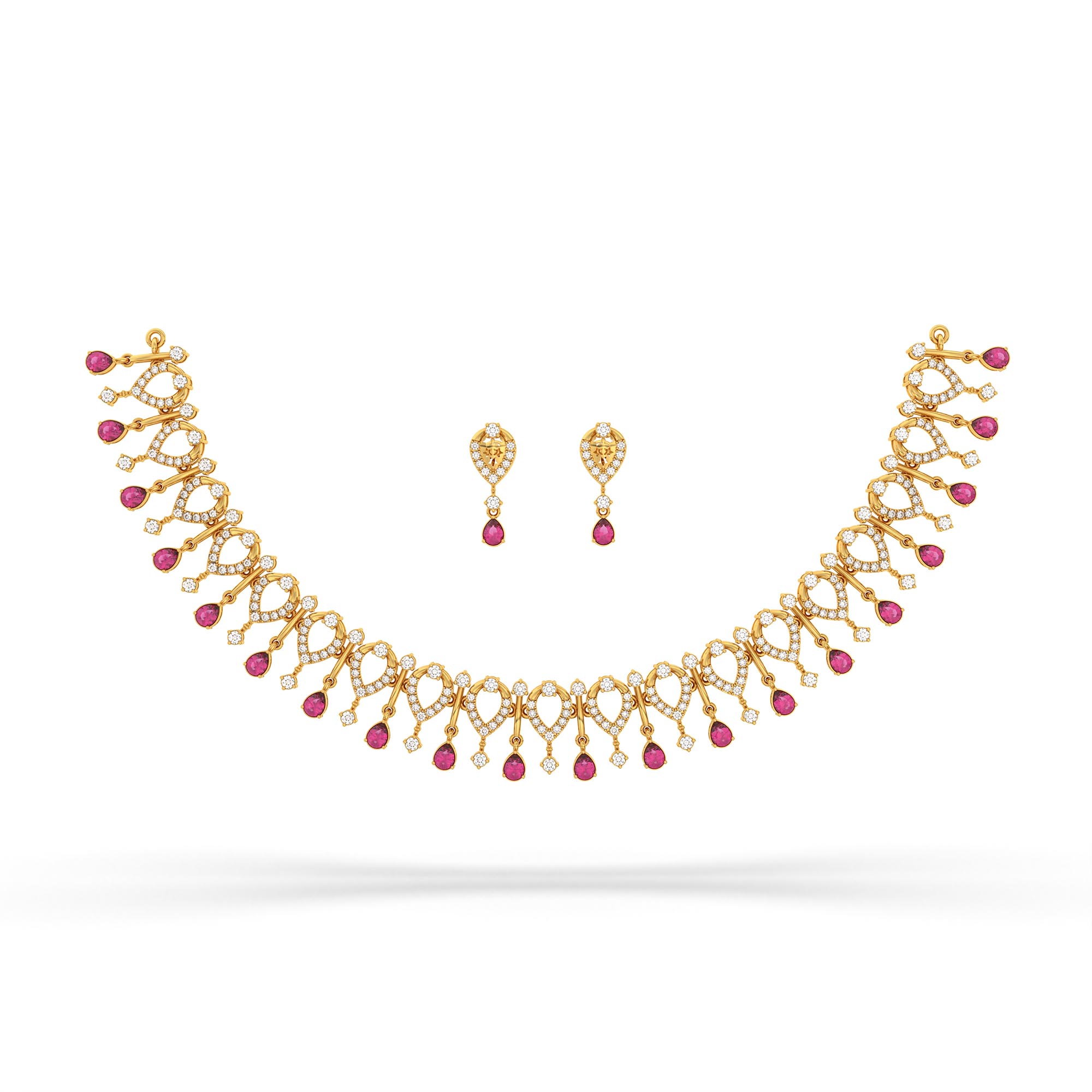 Lab-Grown Diamond and Ruby Necklace and Earring Set in 22K Yellow Gold – 4.21 Ct Diamonds thumbnail
