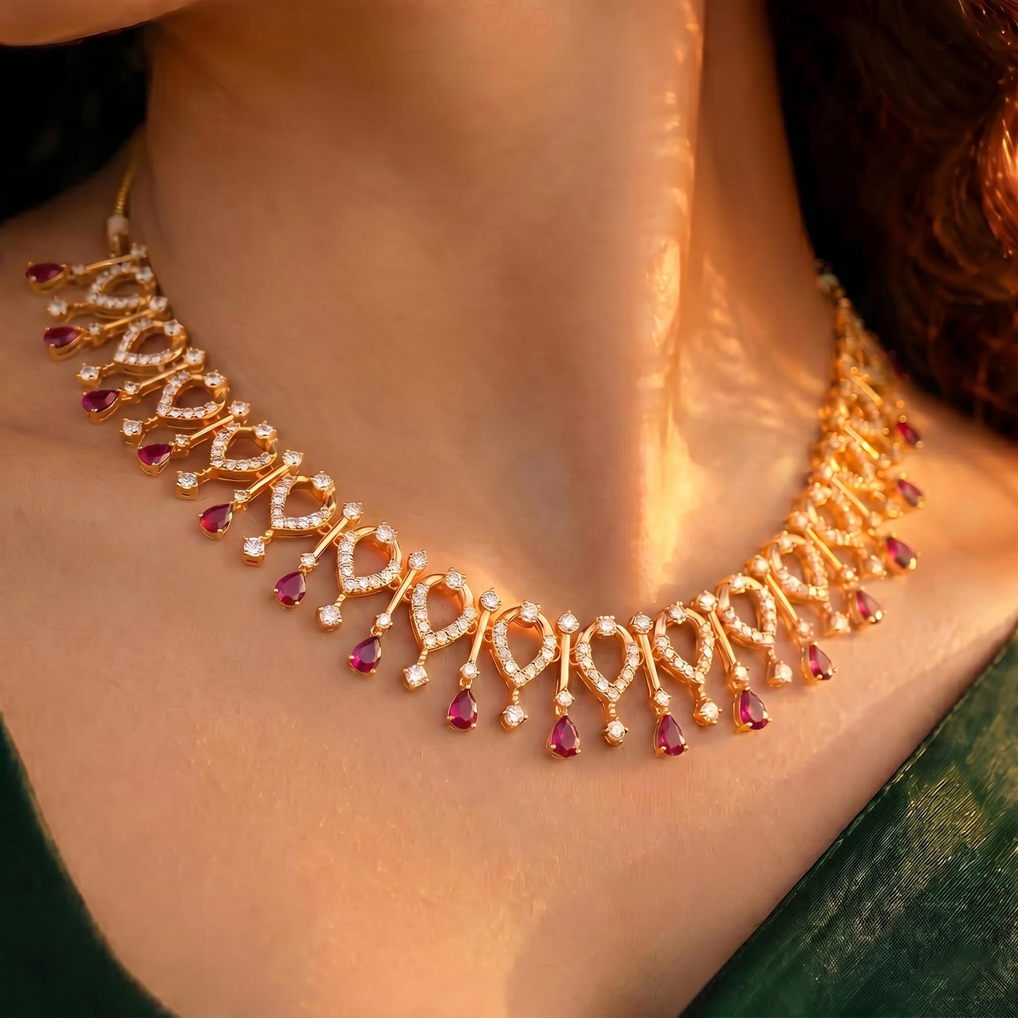 Lab-Grown Diamond and Ruby Necklace and Earring Set in 22K Yellow Gold – 4.21 Ct Diamonds thumbnail