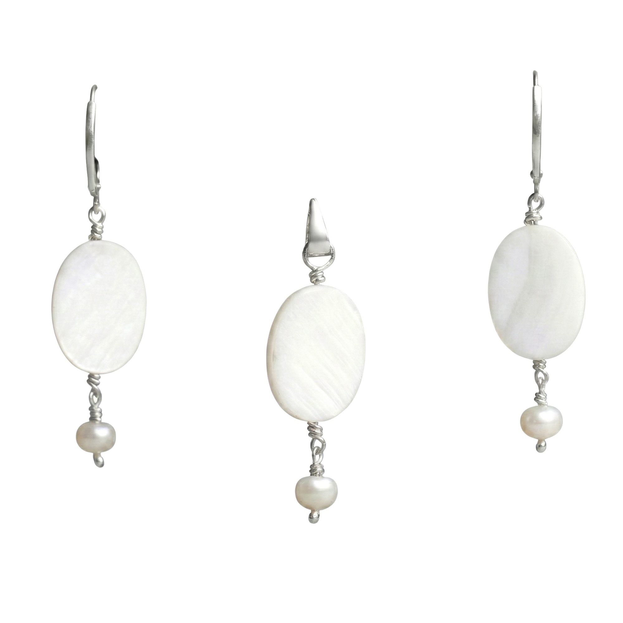 Mother of Pearl Earrings with Pendant Set in Silver (Design K3-1) thumbnail