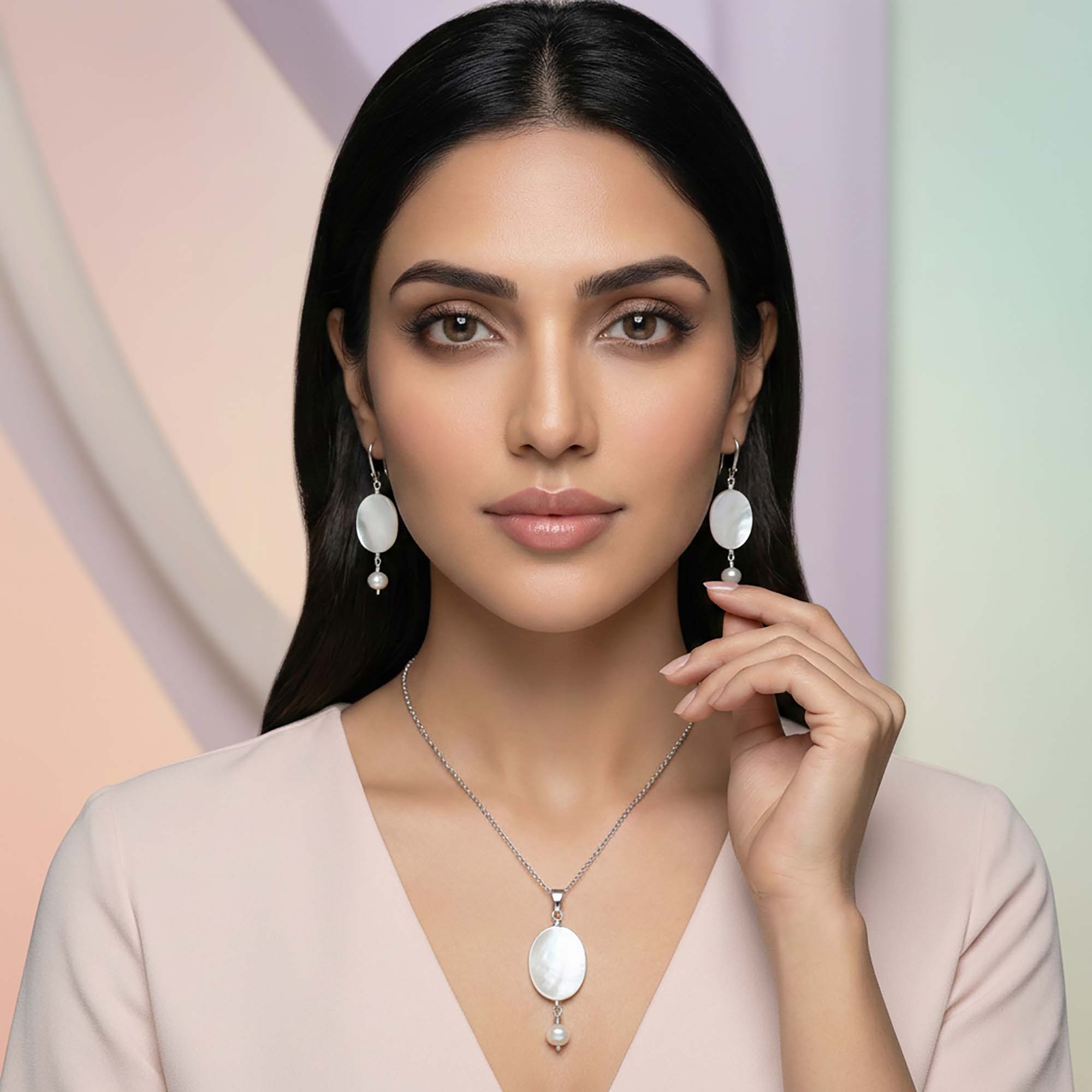 Mother of Pearl Earrings with Pendant Set in Silver (Design K3-1) thumbnail