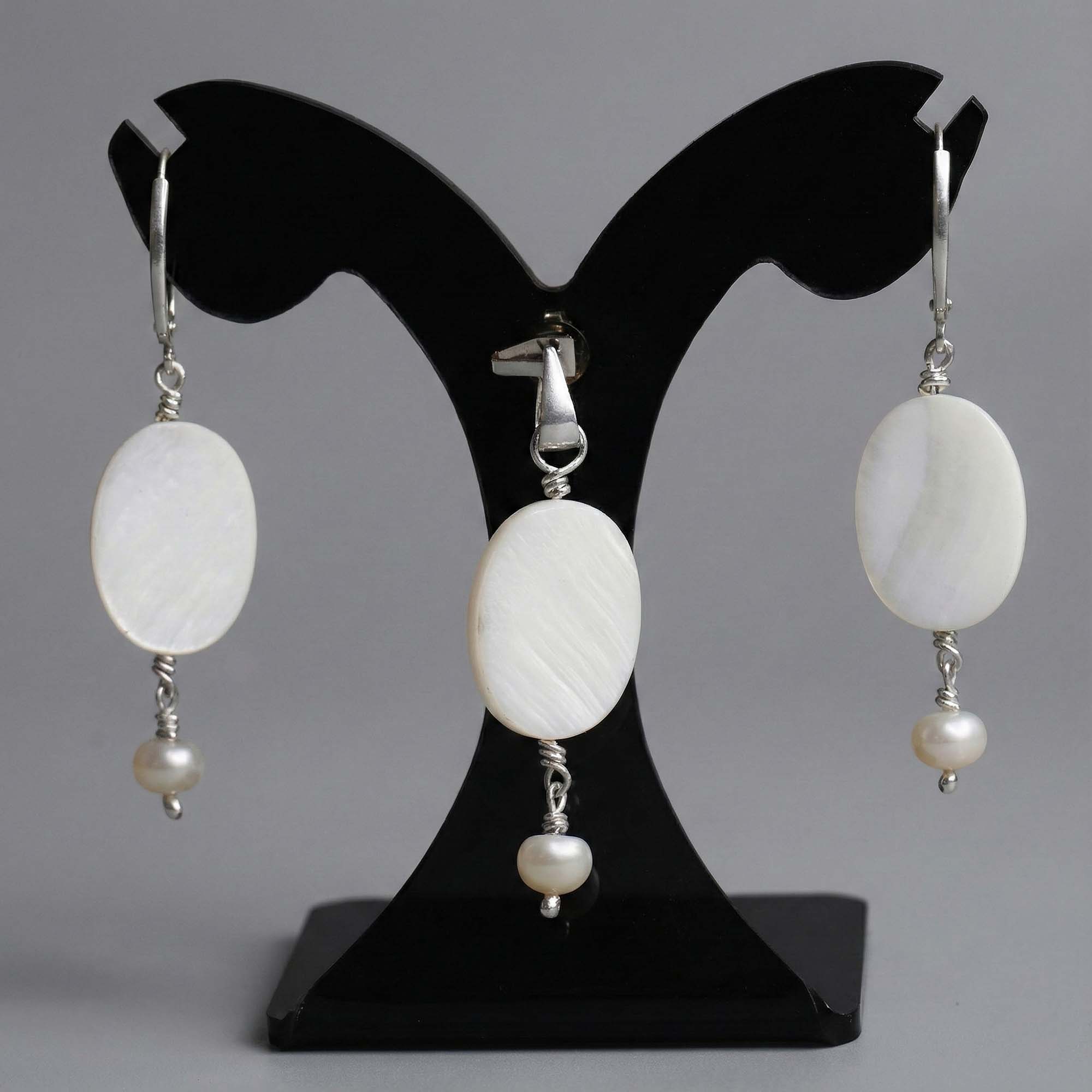 Mother of Pearl Earrings with Pendant Set in Silver (Design K3-1) thumbnail