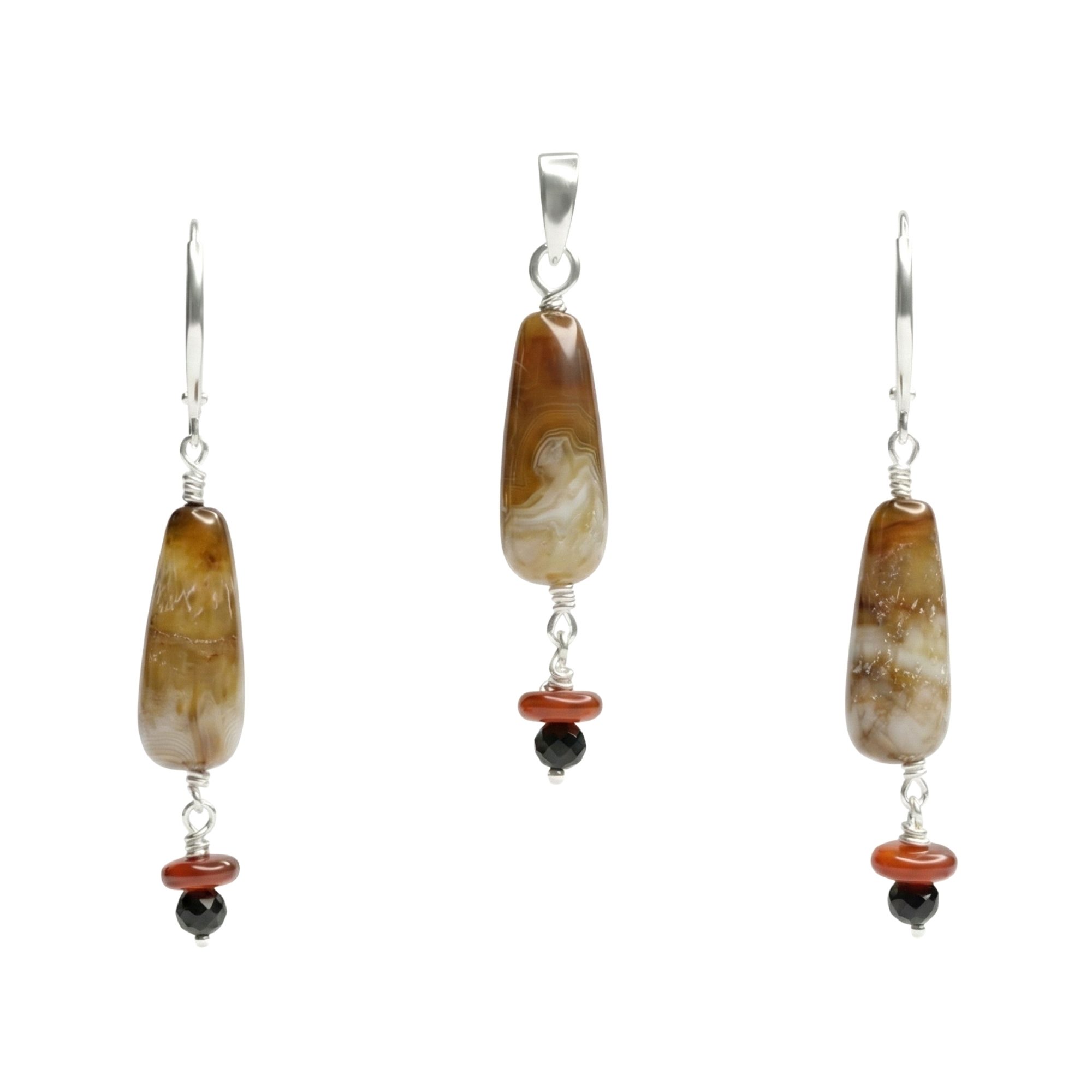 Aqeeq Earrings with Pendant Set in Silver (Design K3-5) thumbnail
