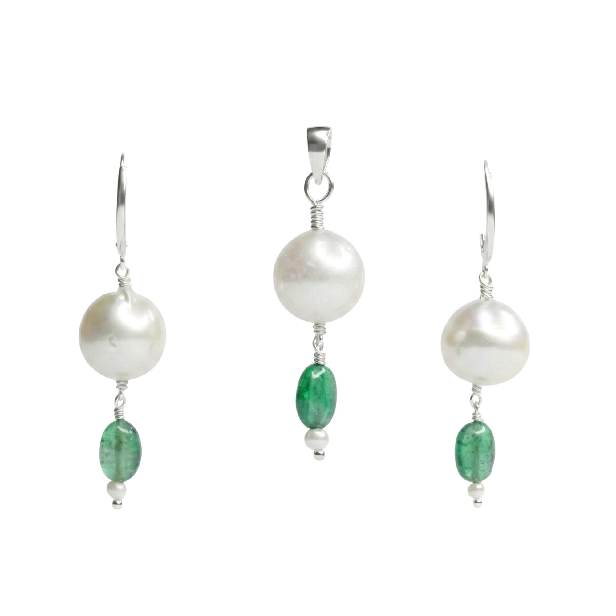 South Sea Pearl with Natural Emerald Earrings with Pendant Set in Silver (Design K3-8) thumbnail