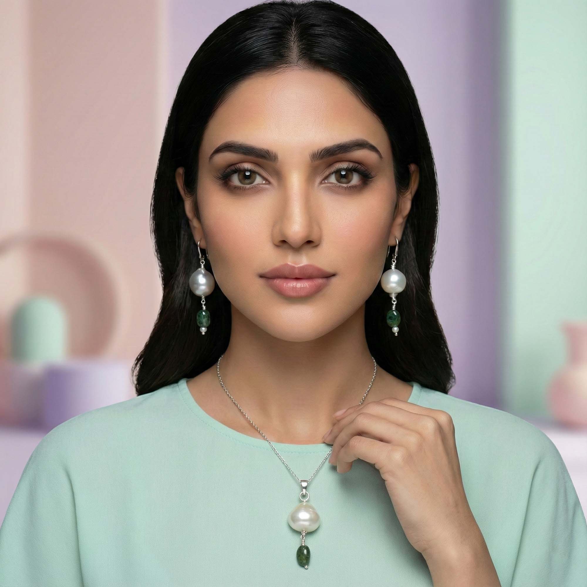 South Sea Pearl with Natural Emerald Earrings with Pendant Set in Silver (Design K3-8) thumbnail