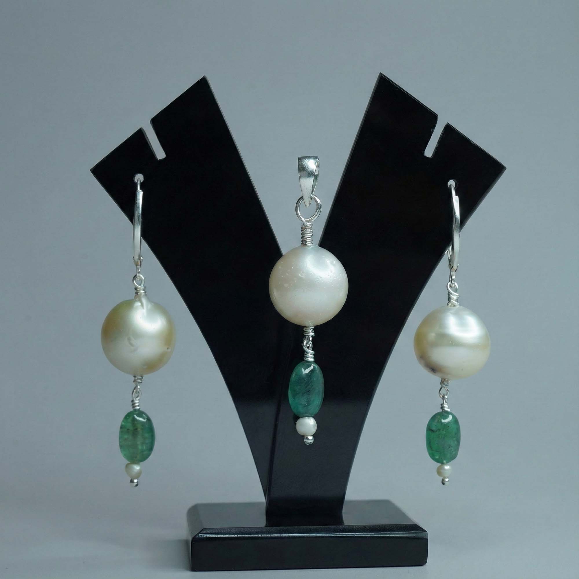 South Sea Pearl with Natural Emerald Earrings with Pendant Set in Silver (Design K3-8) thumbnail