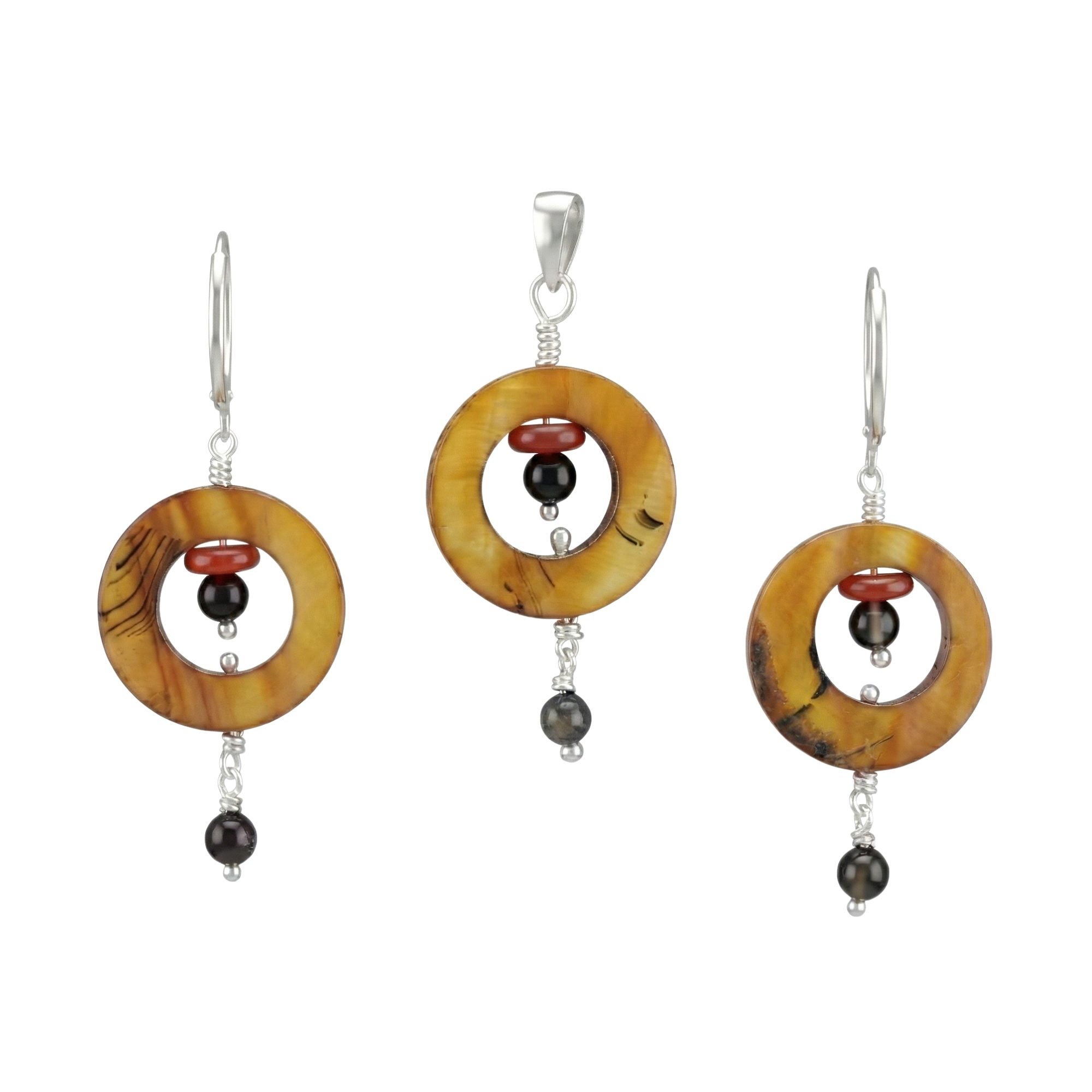 Mother of Pearl with Aqeeq Earrings with Pendant Set in Silver (Design K3-11) thumbnail