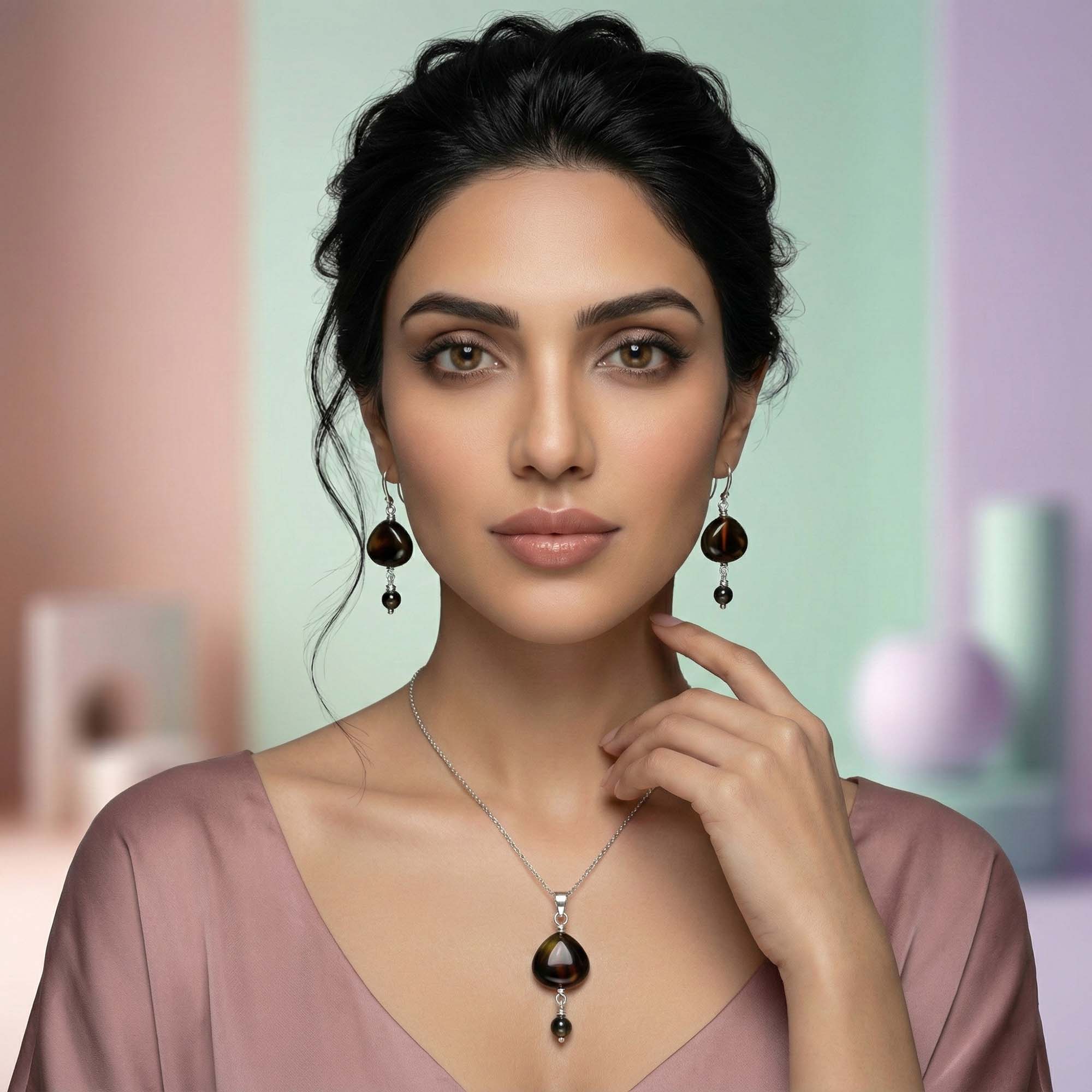 Aqeeq Earrings with Pendant Set in Silver (Design K3-14) thumbnail