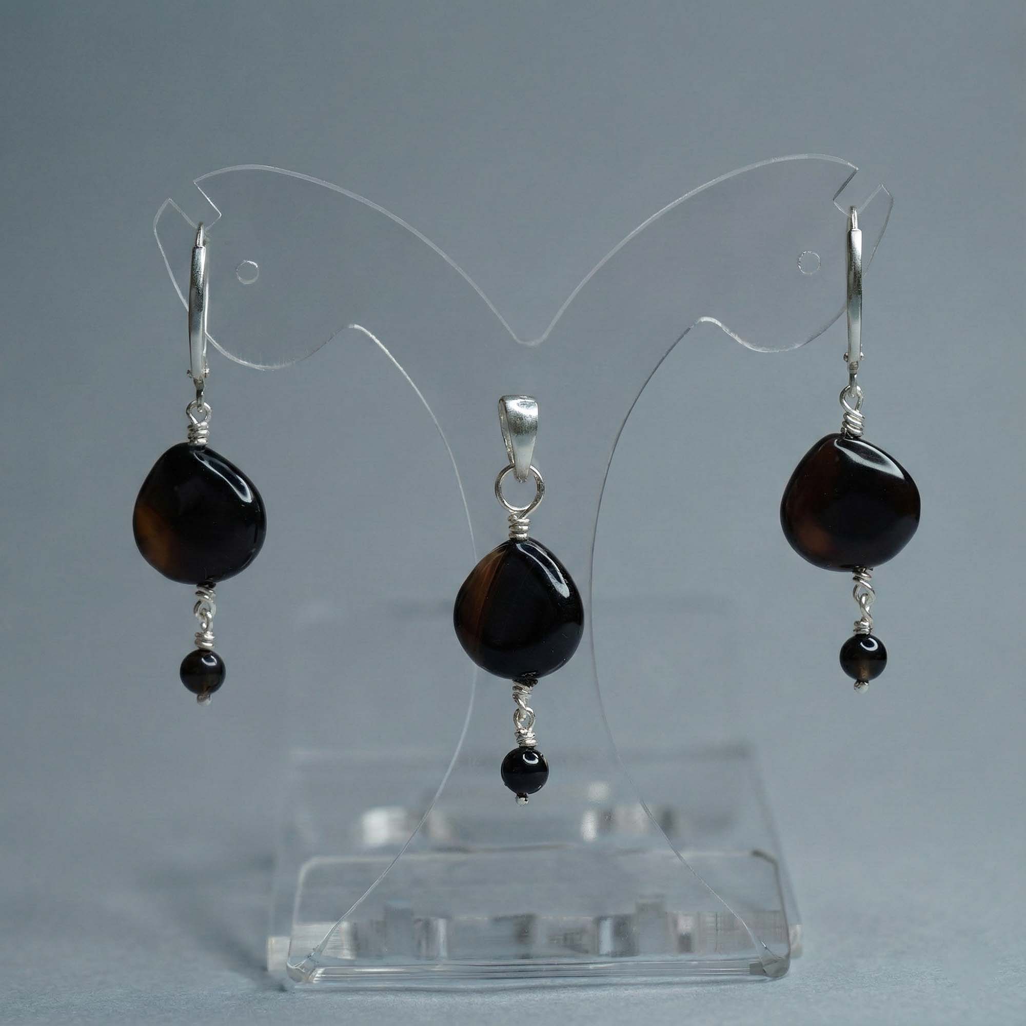 Aqeeq Earrings with Pendant Set in Silver (Design K3-14) thumbnail