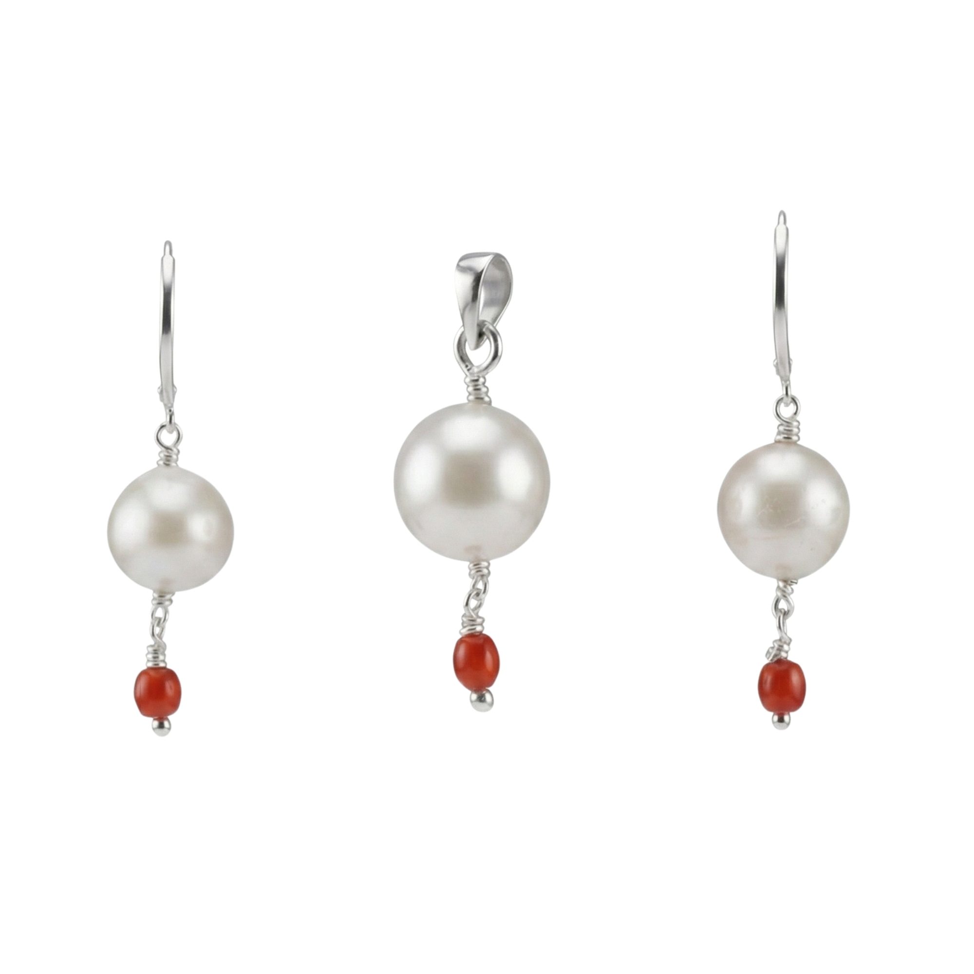 South Sea Pearl with Natural Antique Coral Earrings with Pendant Set in Silver thumbnail