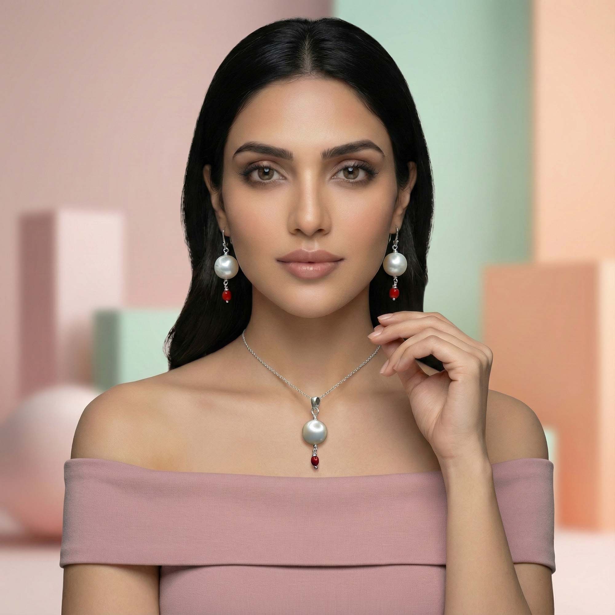 South Sea Pearl with Natural Antique Coral Earrings with Pendant Set in Silver thumbnail
