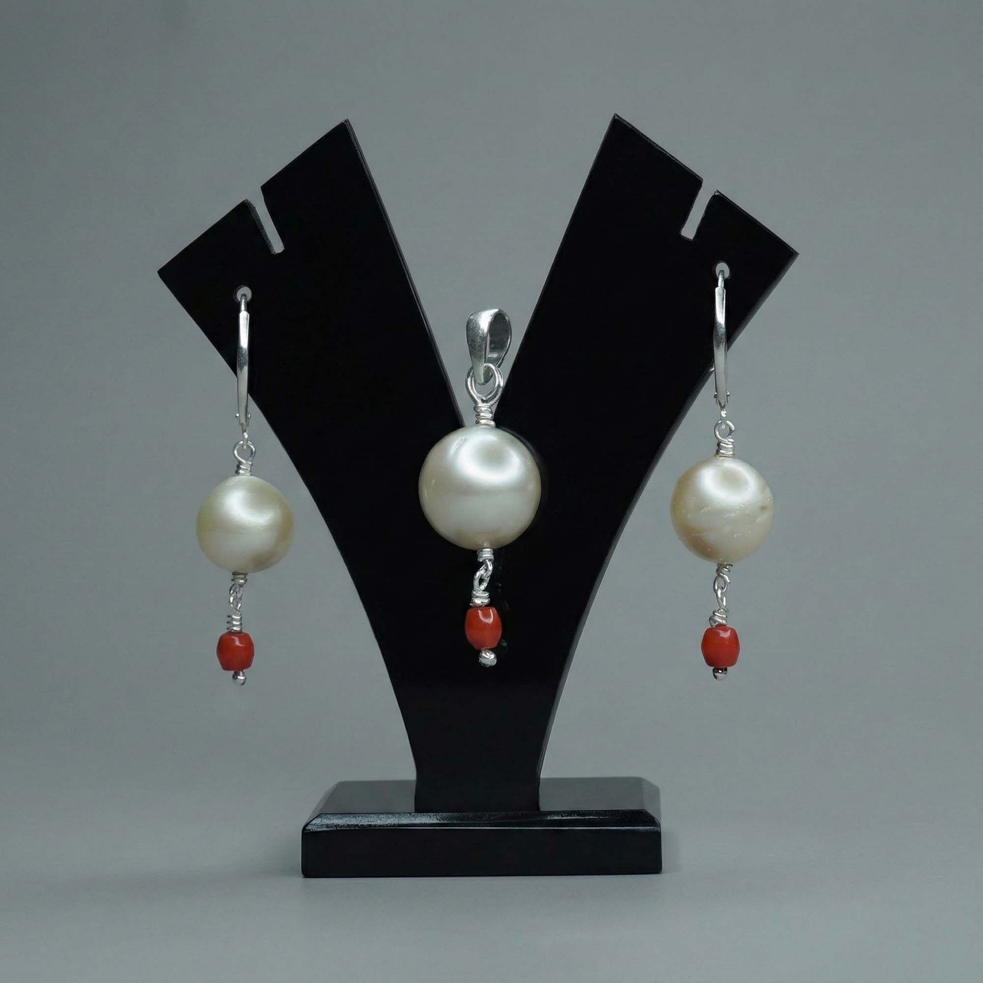 South Sea Pearl with Natural Antique Coral Earrings with Pendant Set in Silver thumbnail