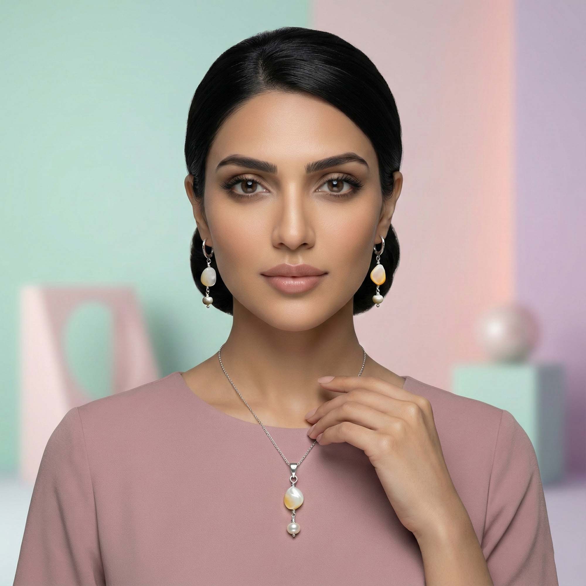 Mother of Pearl Earrings with Pendant Set in Silver (Design K3-17) thumbnail
