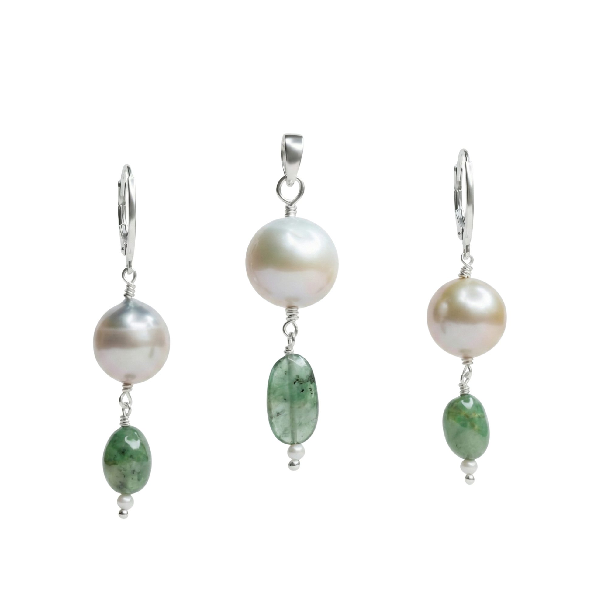 South Sea Pearl with Natural Emerald Earrings with Pendant Set in Silver (Design K3-20) thumbnail