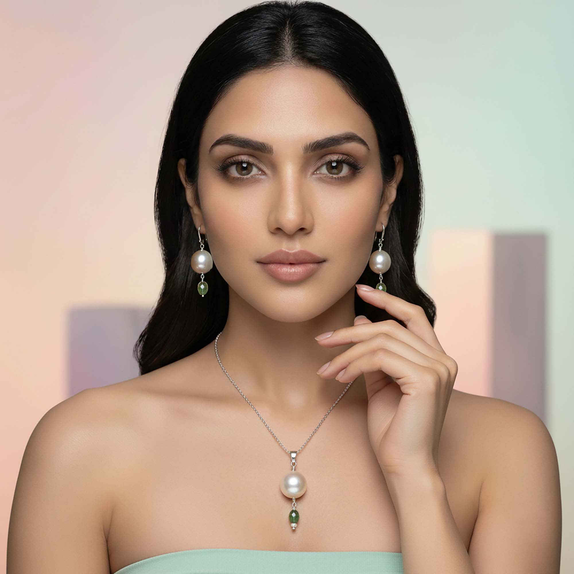 South Sea Pearl with Natural Emerald Earrings with Pendant Set in Silver (Design K3-20) thumbnail