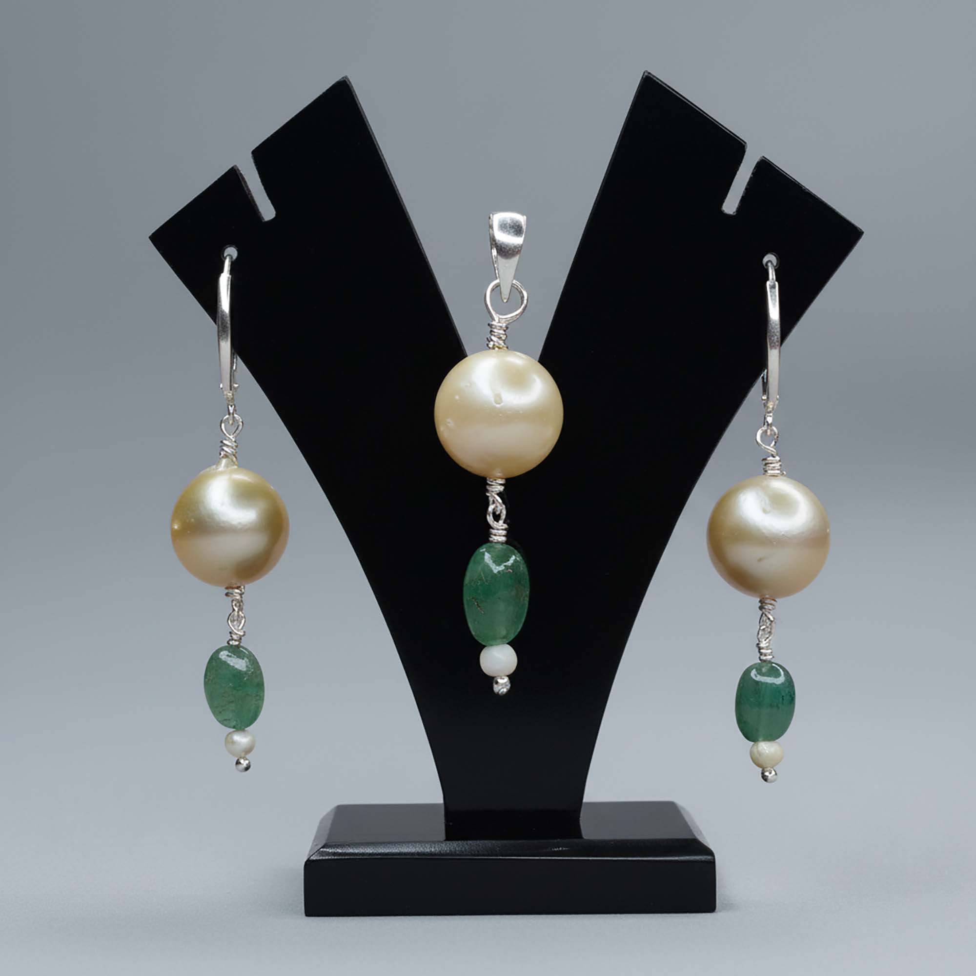 South Sea Pearl with Natural Emerald Earrings with Pendant Set in Silver (Design K3-20) thumbnail