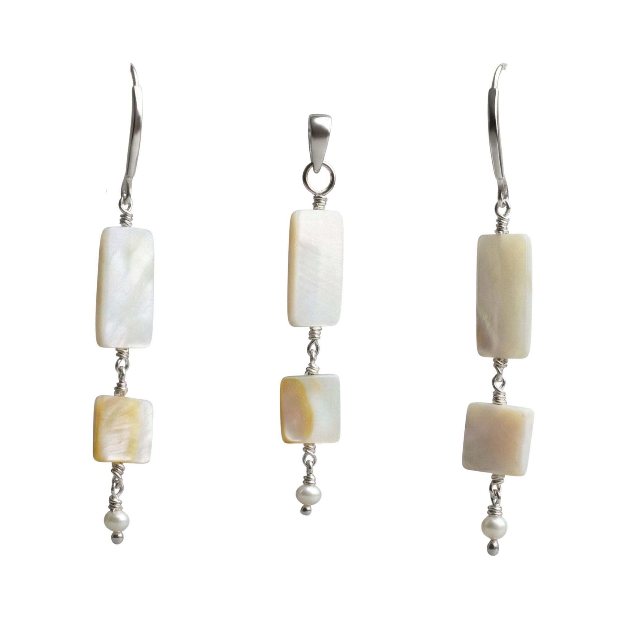 Mother of Pearl with Freshwater Pearl Earrings with Pendant Set in Silver (Design K3-51) thumbnail