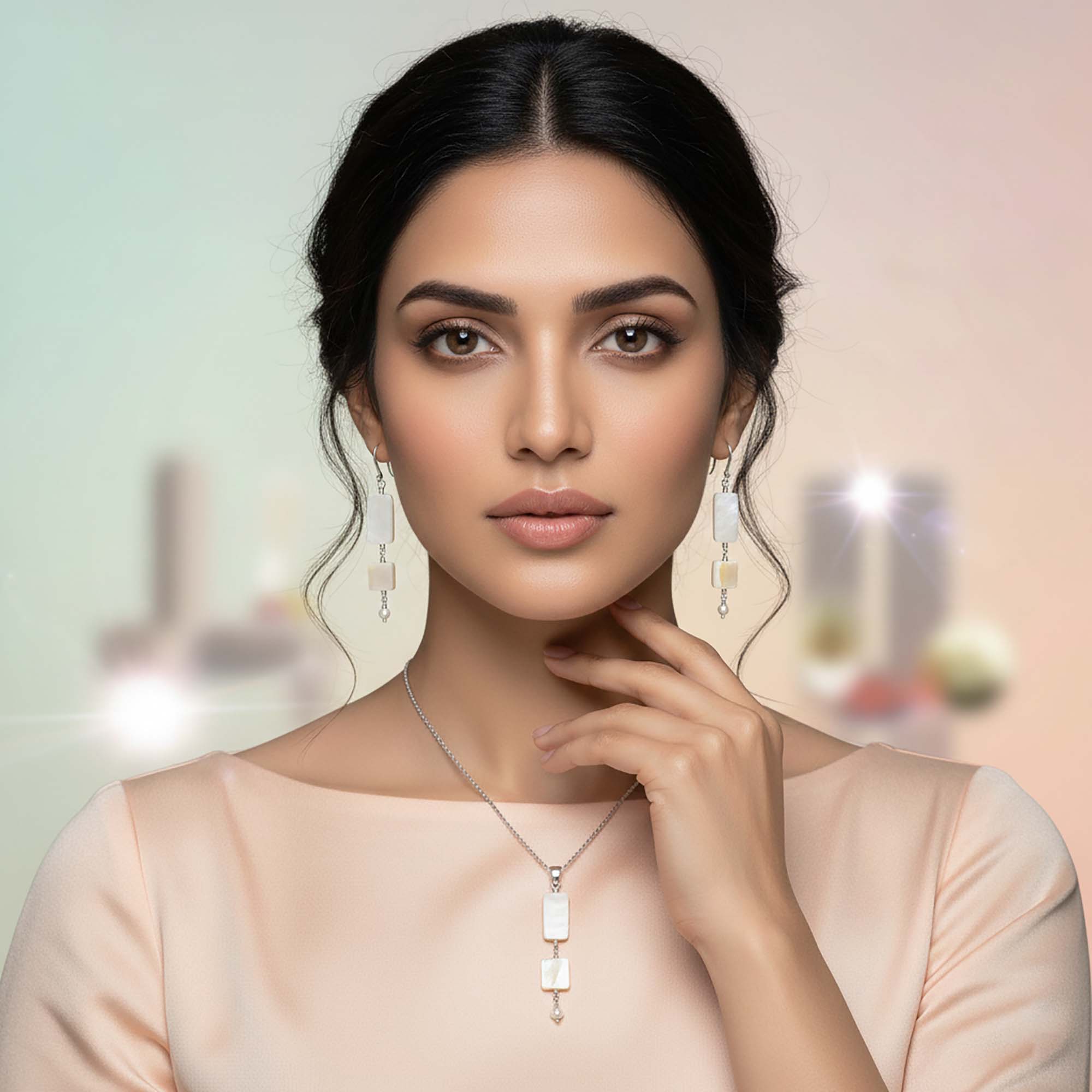 Mother of Pearl with Freshwater Pearl Earrings with Pendant Set in Silver (Design K3-51) thumbnail