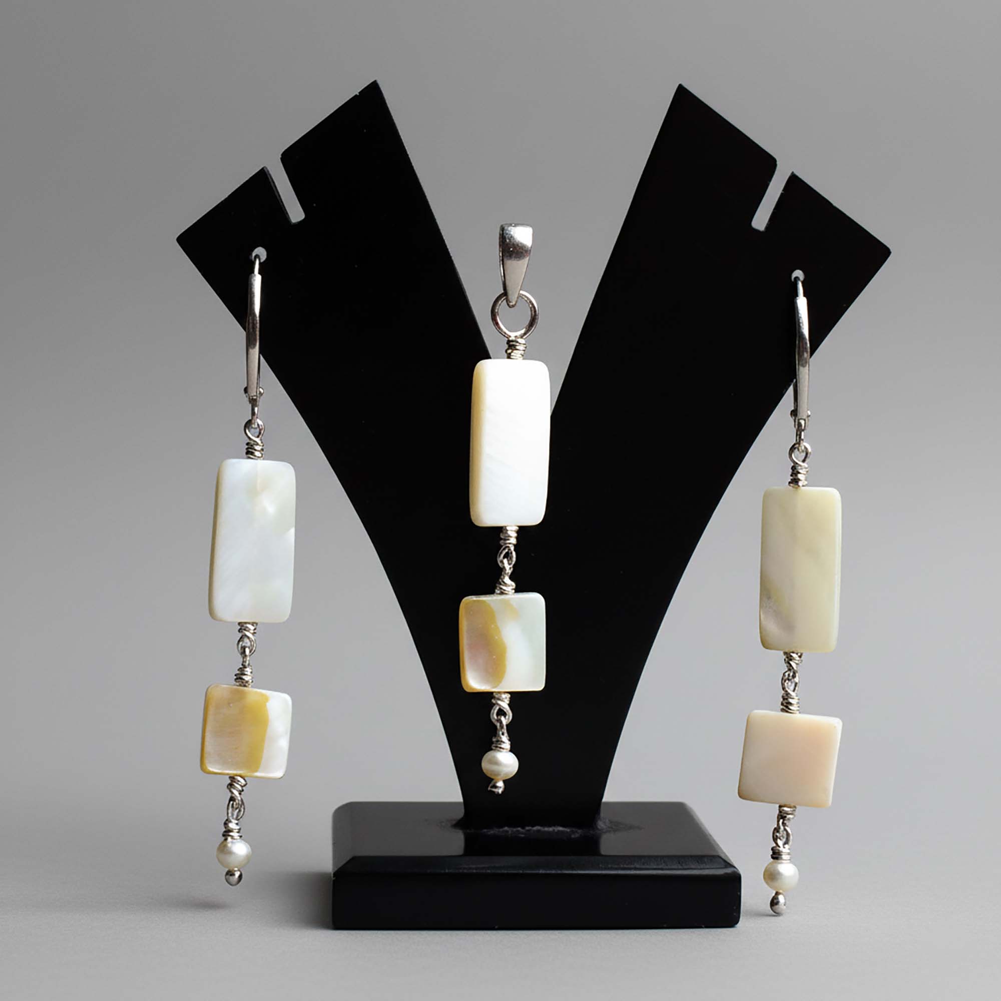 Mother of Pearl with Freshwater Pearl Earrings with Pendant Set in Silver (Design K3-51) thumbnail