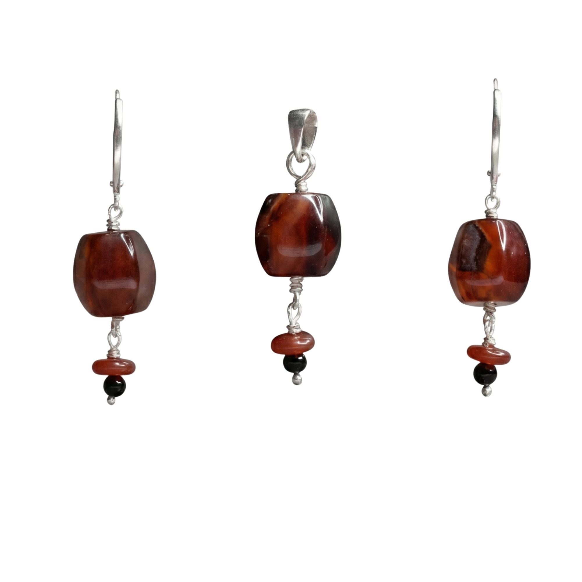 Aqeeq Earrings with Pendant Set in Silver (Design K3-54) thumbnail