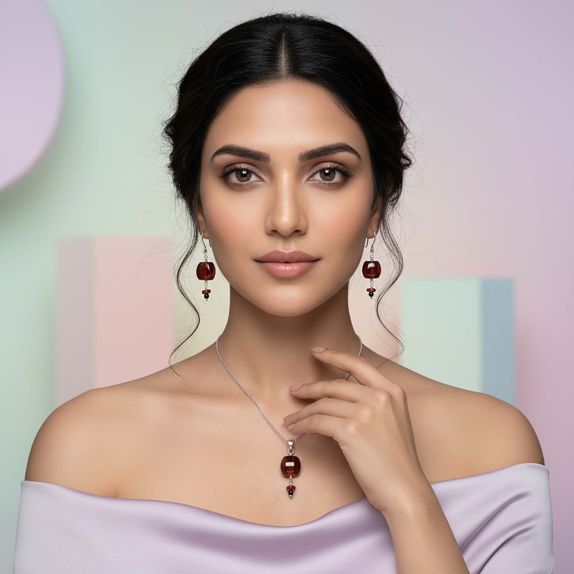 Aqeeq Earrings with Pendant Set in Silver (Design K3-54) thumbnail