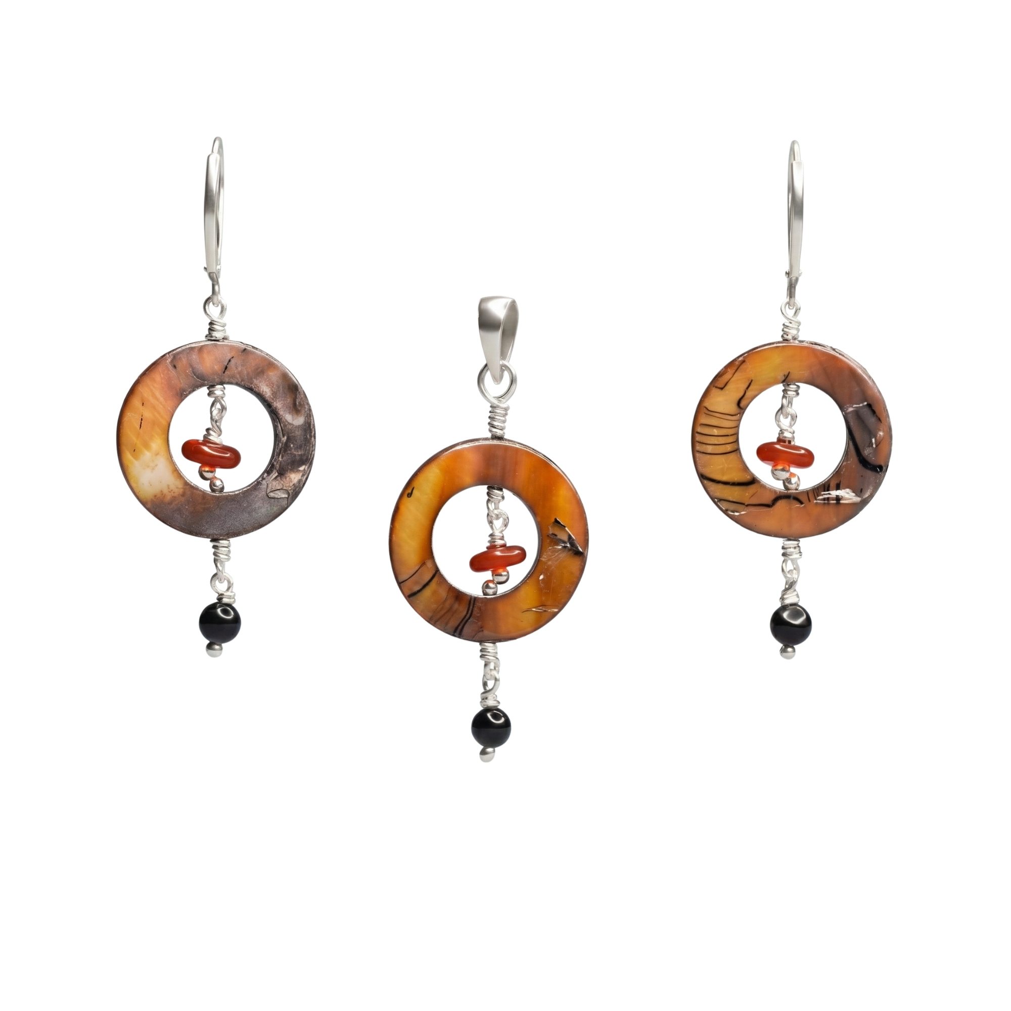 Mother of Pearl with Aqeeq Earrings with Pendant Set in Silver (Design K3-61) thumbnail