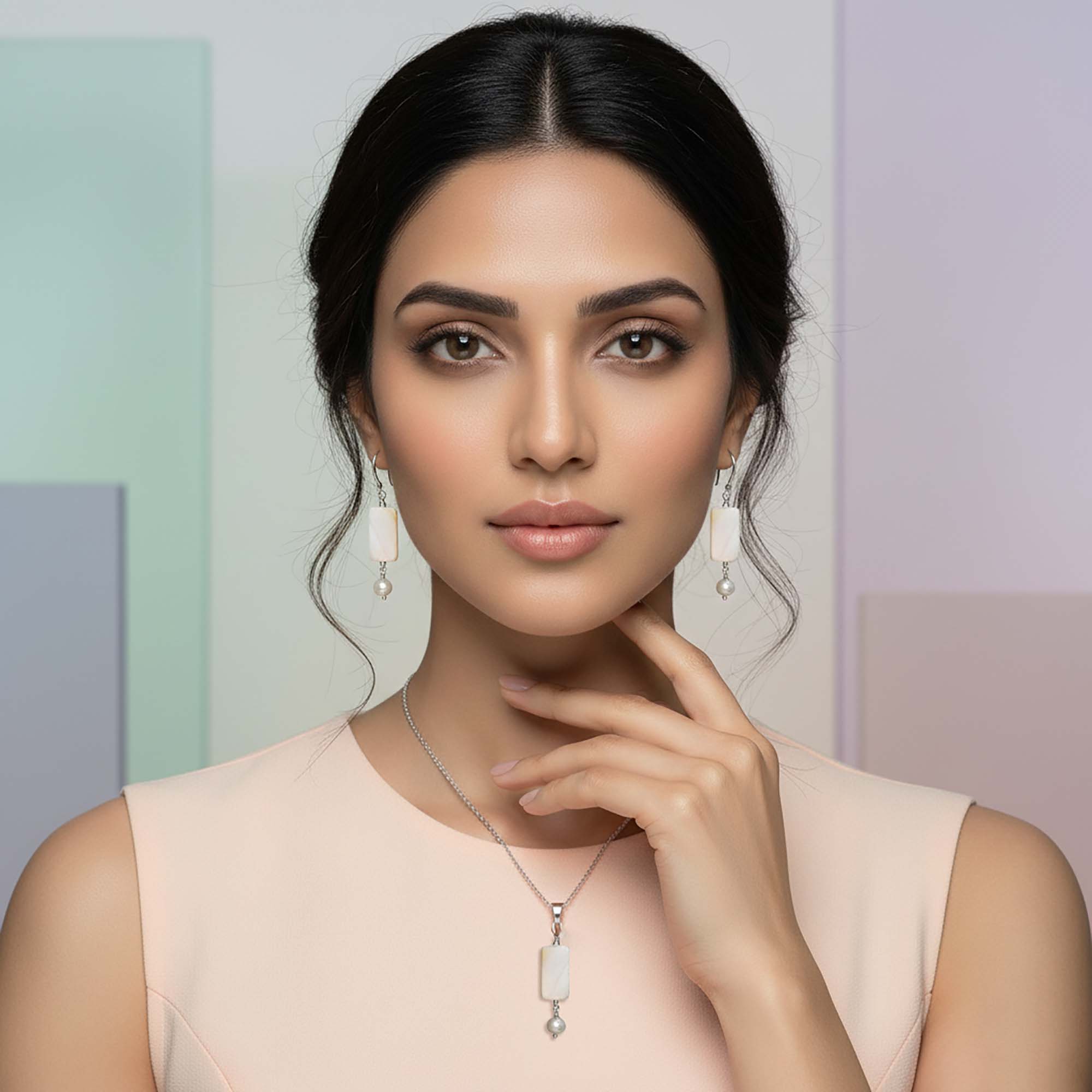 Mother of Pearl with Aqeeq Earrings with Pendant Set in Silver (Design K3-62) thumbnail