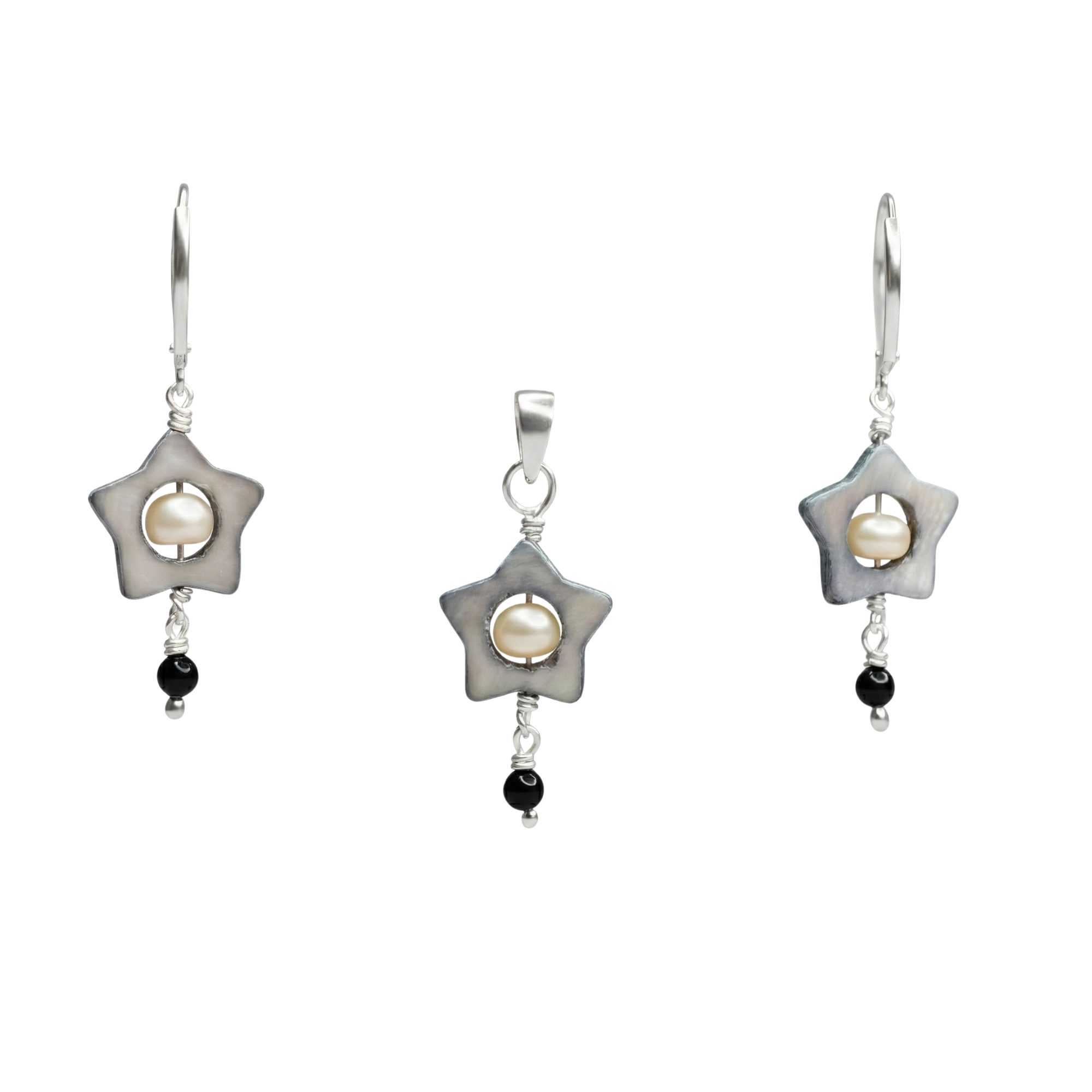 Mother of Pearl with Freshwater Pearl Earrings with Pendant Set in Silver (Design K3-81) thumbnail
