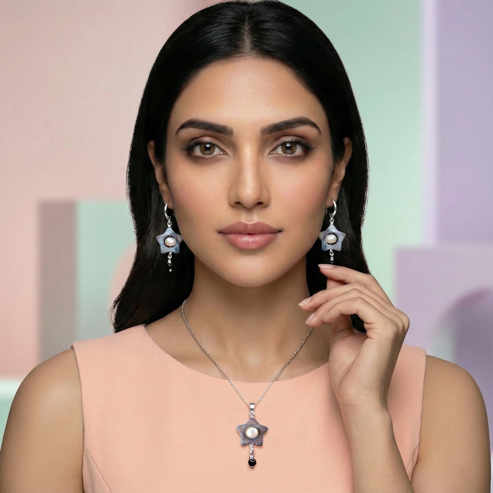 Mother of Pearl with Freshwater Pearl Earrings with Pendant Set in Silver (Design K3-81) thumbnail