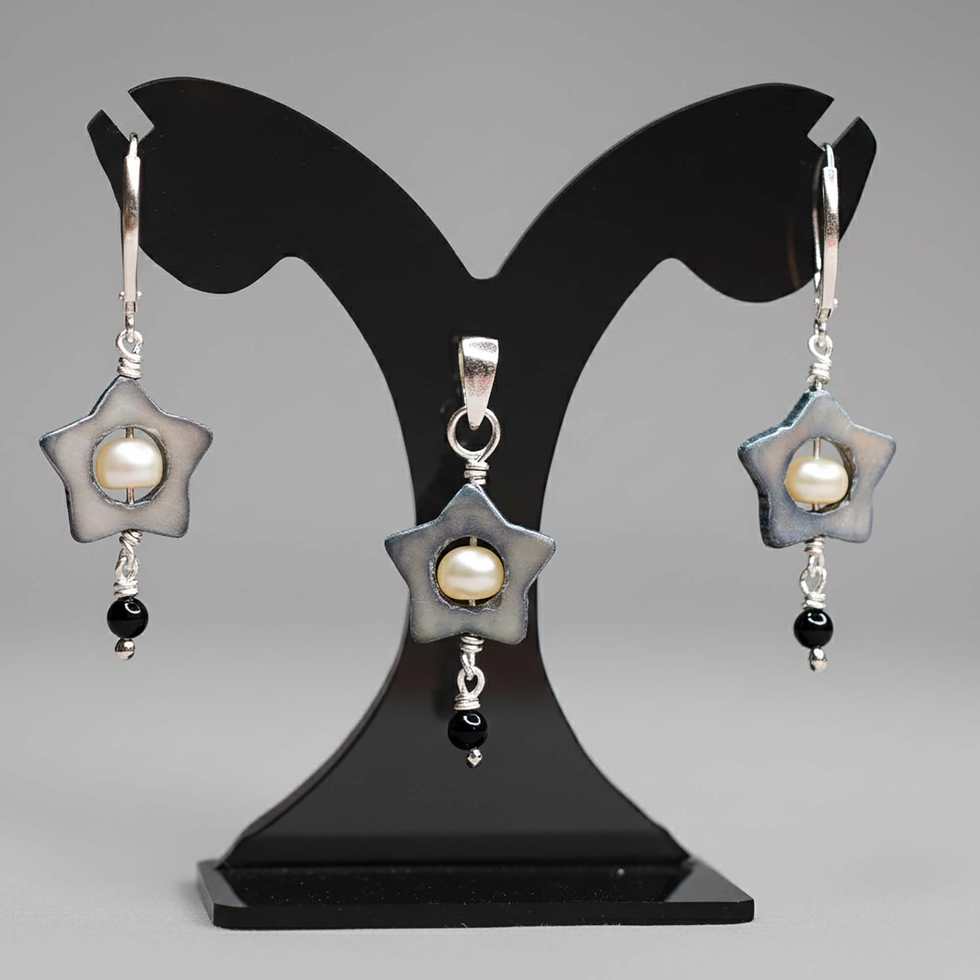 Mother of Pearl with Freshwater Pearl Earrings with Pendant Set in Silver (Design K3-81) thumbnail